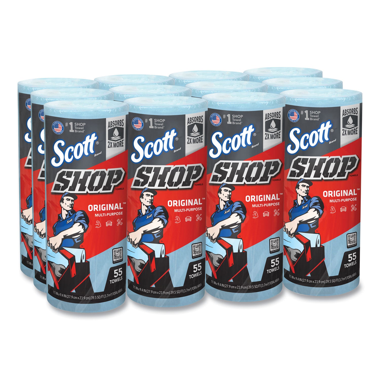 Shop Towels, Standard Roll, 1-Ply, 9.4 x 11, Blue, 55/Roll, 12 Rolls/Carton -