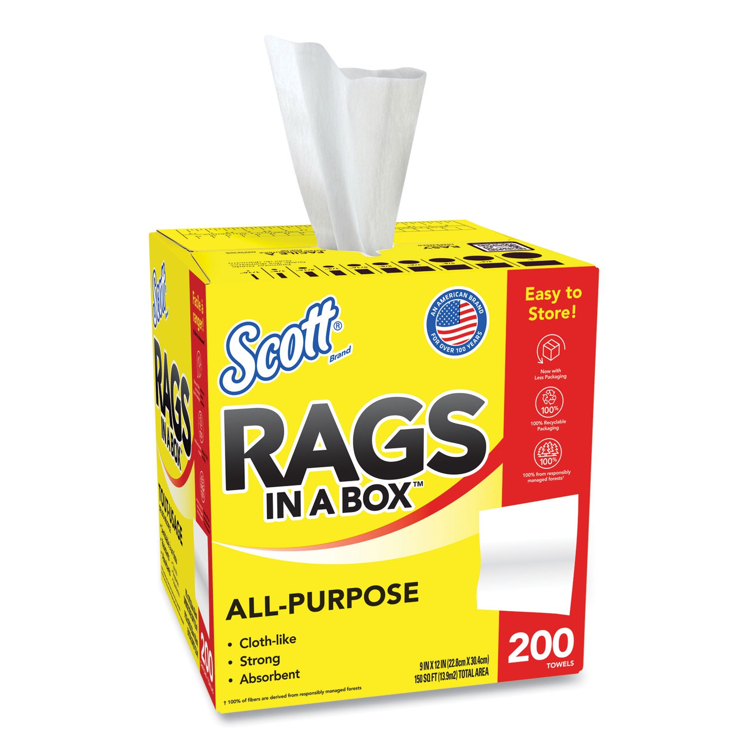 Rags in a Box, POP-UP Box, 12 x 9, White, 200/Box, 8 Boxes/Carton -