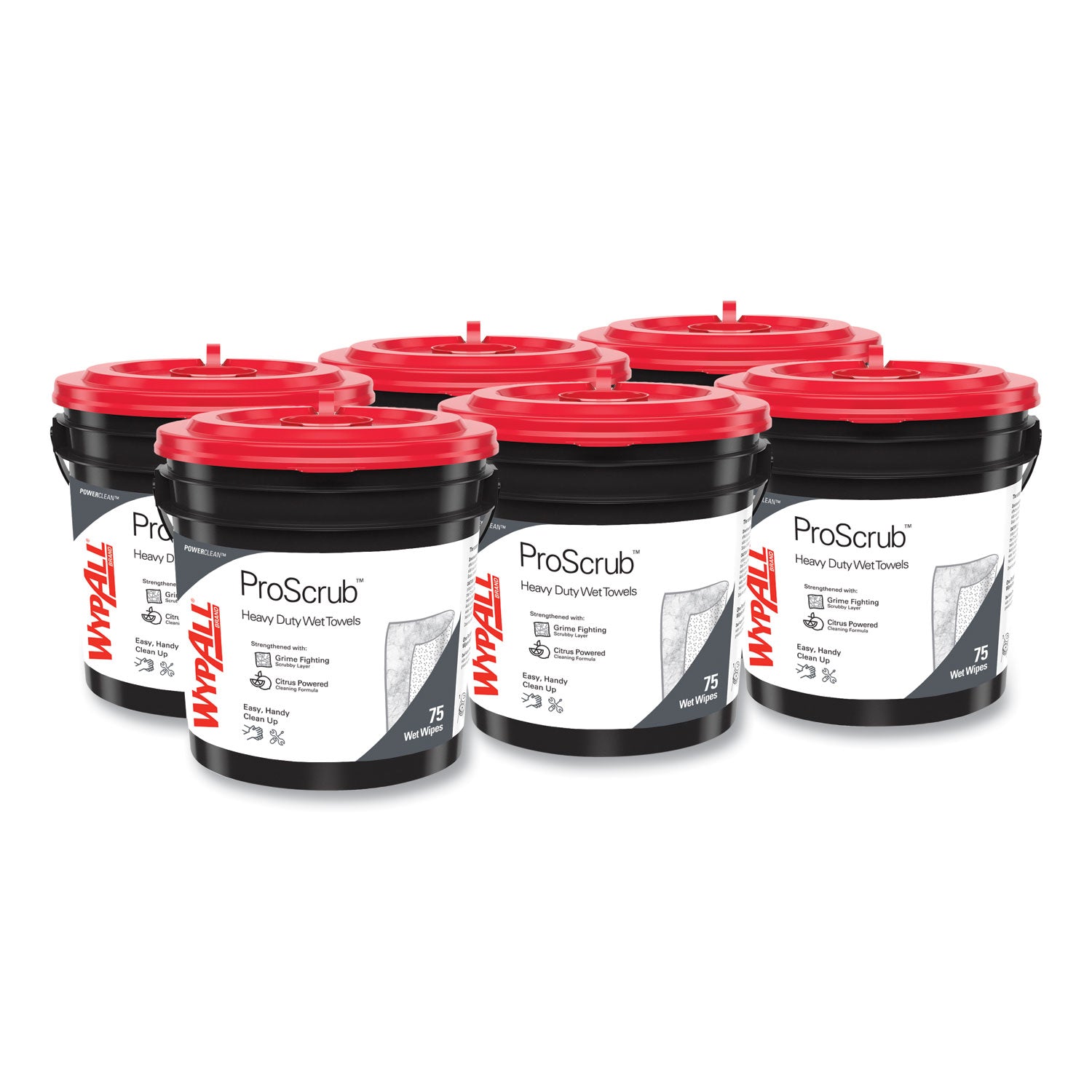 Power Clean ProScrub Pre-Saturated Wipes, 9.5 x 12, Citrus Scent, Green, 75/Bucket, 6 Buckets/Carton -