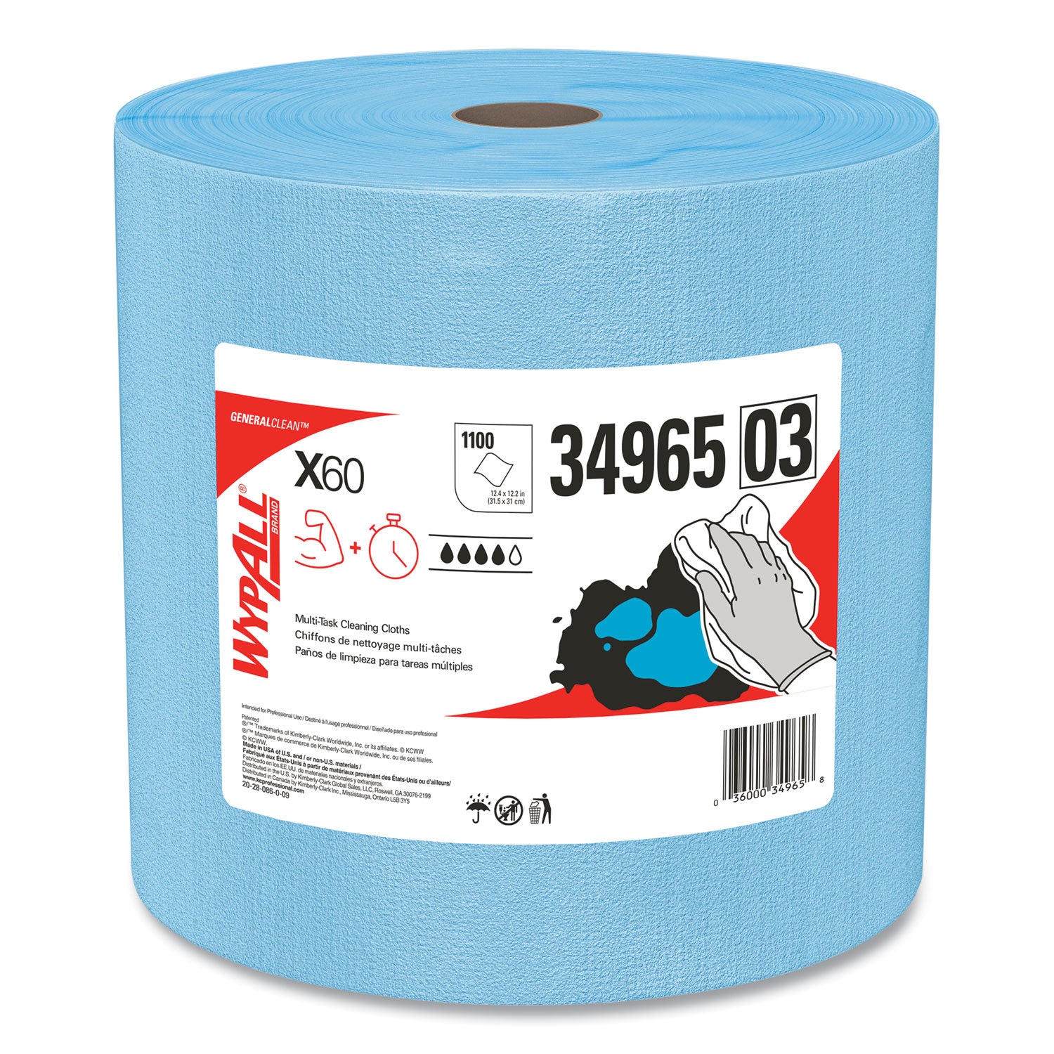 General Clean X60 Cloths, Jumbo Roll, 12.5 x 13.4, Blue, 1,100/Roll -