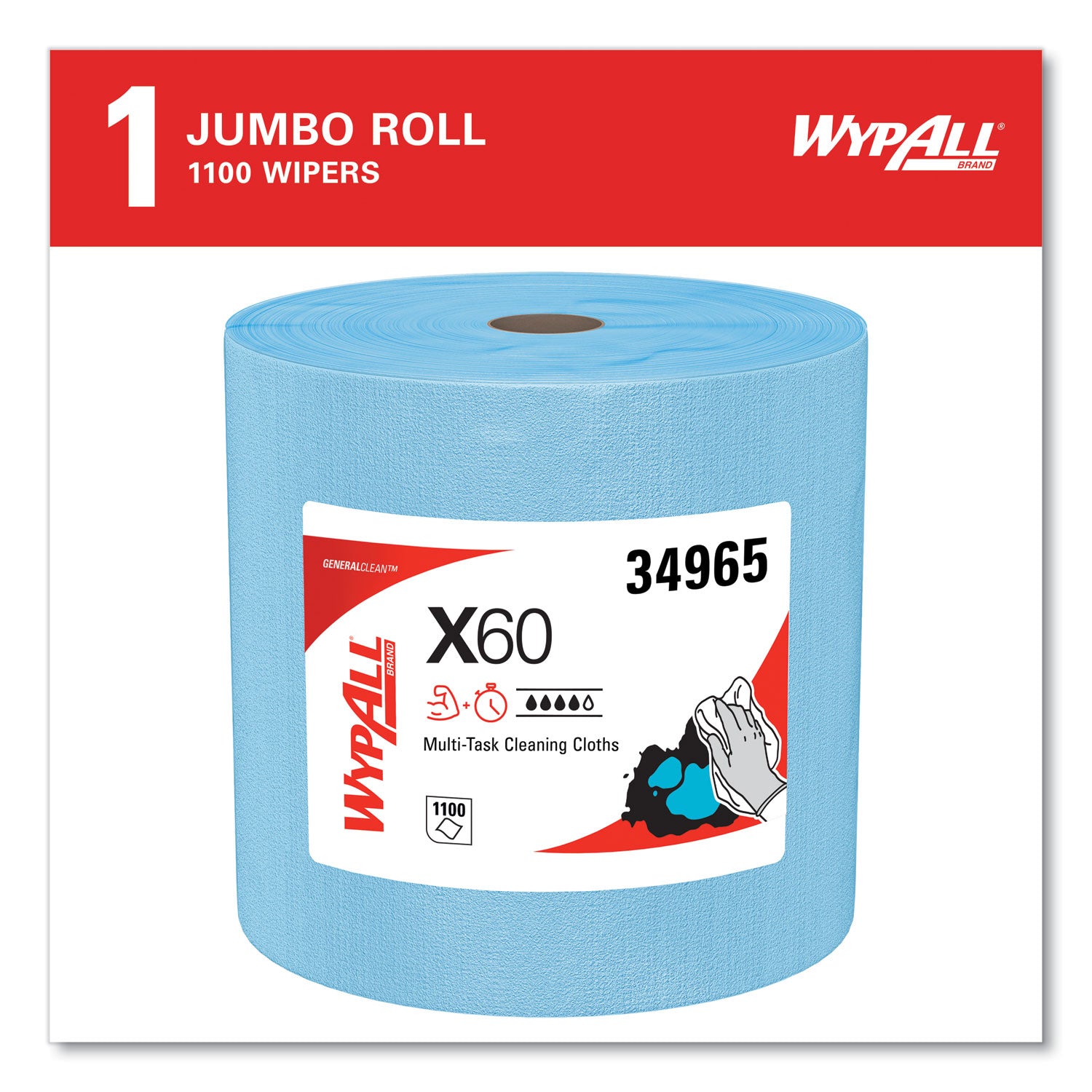 General Clean X60 Cloths, Jumbo Roll, 12.5 x 13.4, Blue, 1,100/Roll -
