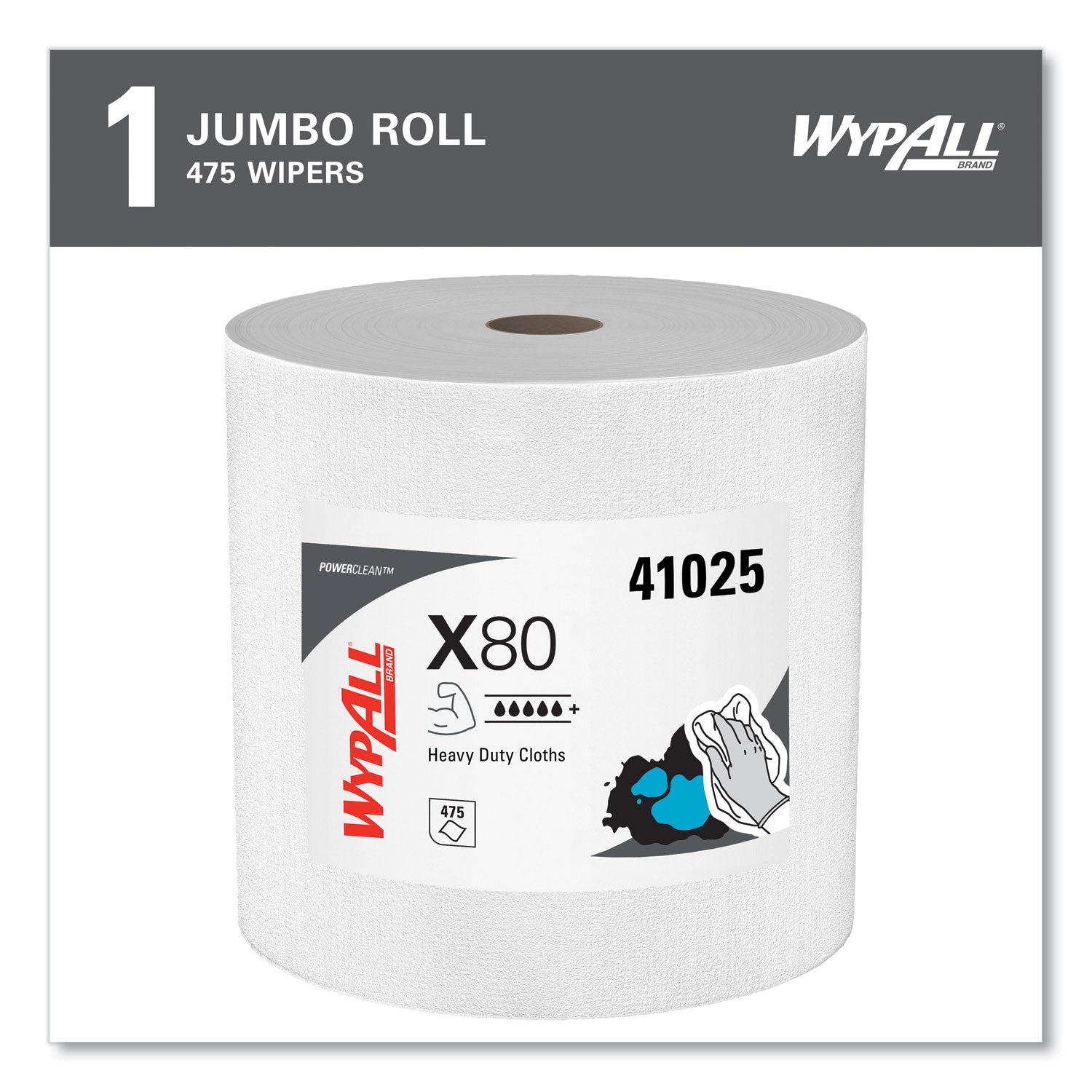 Power Clean X80 Heavy Duty Cloths, Jumbo Roll, 12.4 x 12.2, White, 475/Roll -