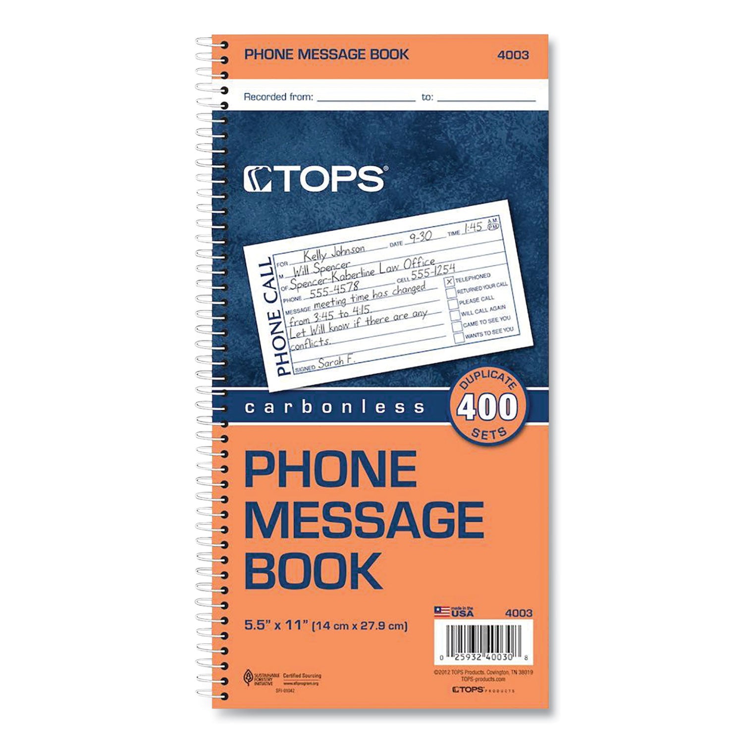 Spiralbound Message Book, Two-Part Carbonless, 5 x 2.75, 4 Forms/Sheet, 400 Forms Total -