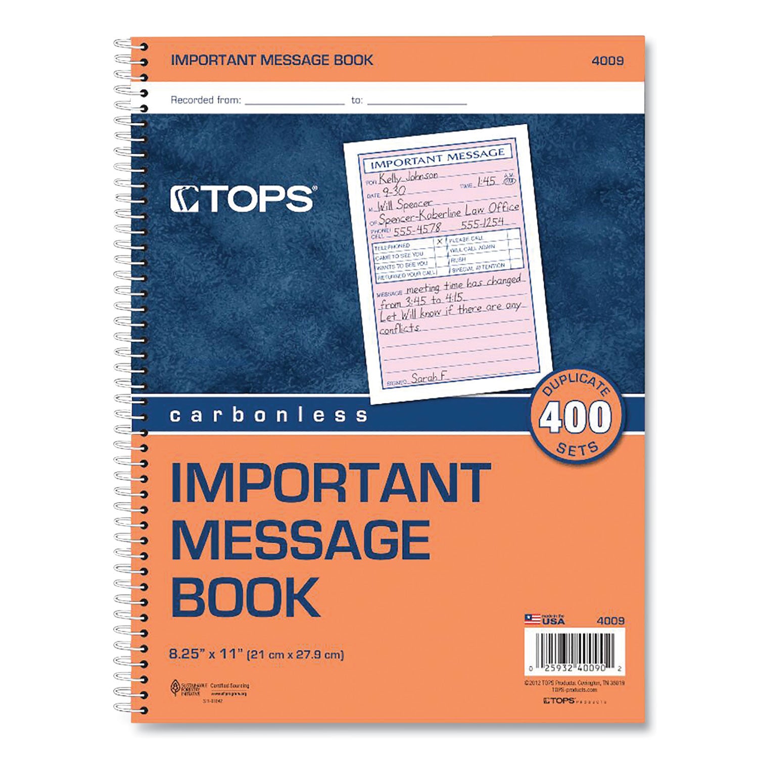 Telephone Message Book with Fax/Mobile Section, Two-Part Carbonless, 3.88 x 5.5, 4 Forms/Sheet, 400 Forms Total -