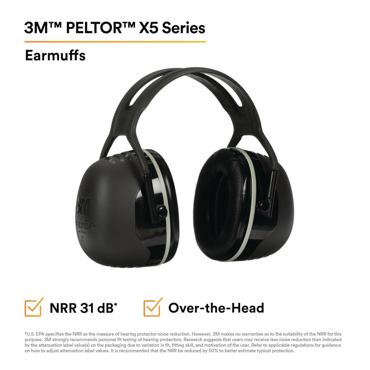 PELTOR X Series Earmuffs, Model X5A, 31 dB NRR, Black -