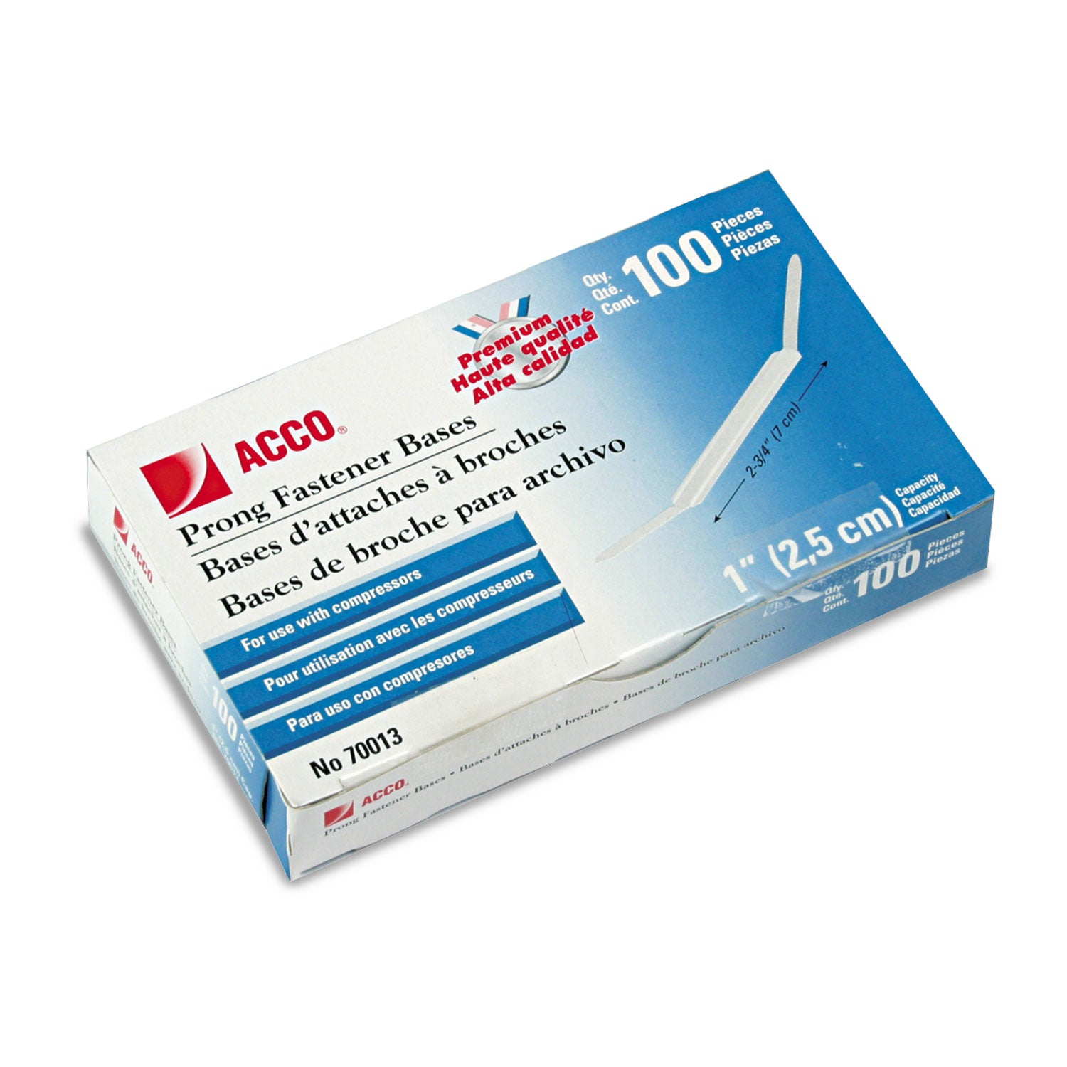 Premium Two-Prong Fastener Bases, 1" Capacity, 2.75" Center to Center, Silver, 100/Box -