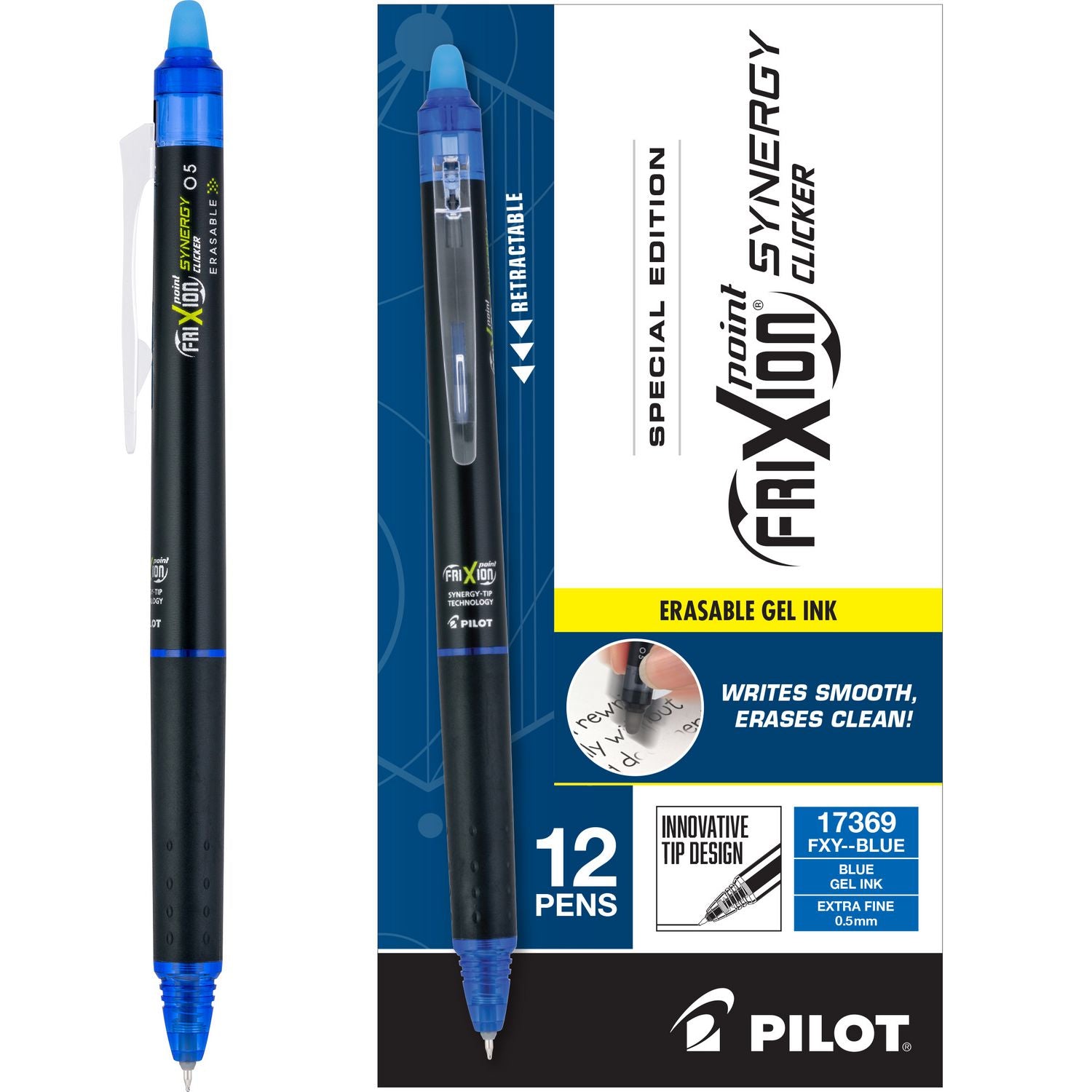frixion-synergy-clicker-erasable-gel-pen-retractable-extra-fine-05-mm-blue-ink-black-blue-barrel-dozen_pil17369 - 1