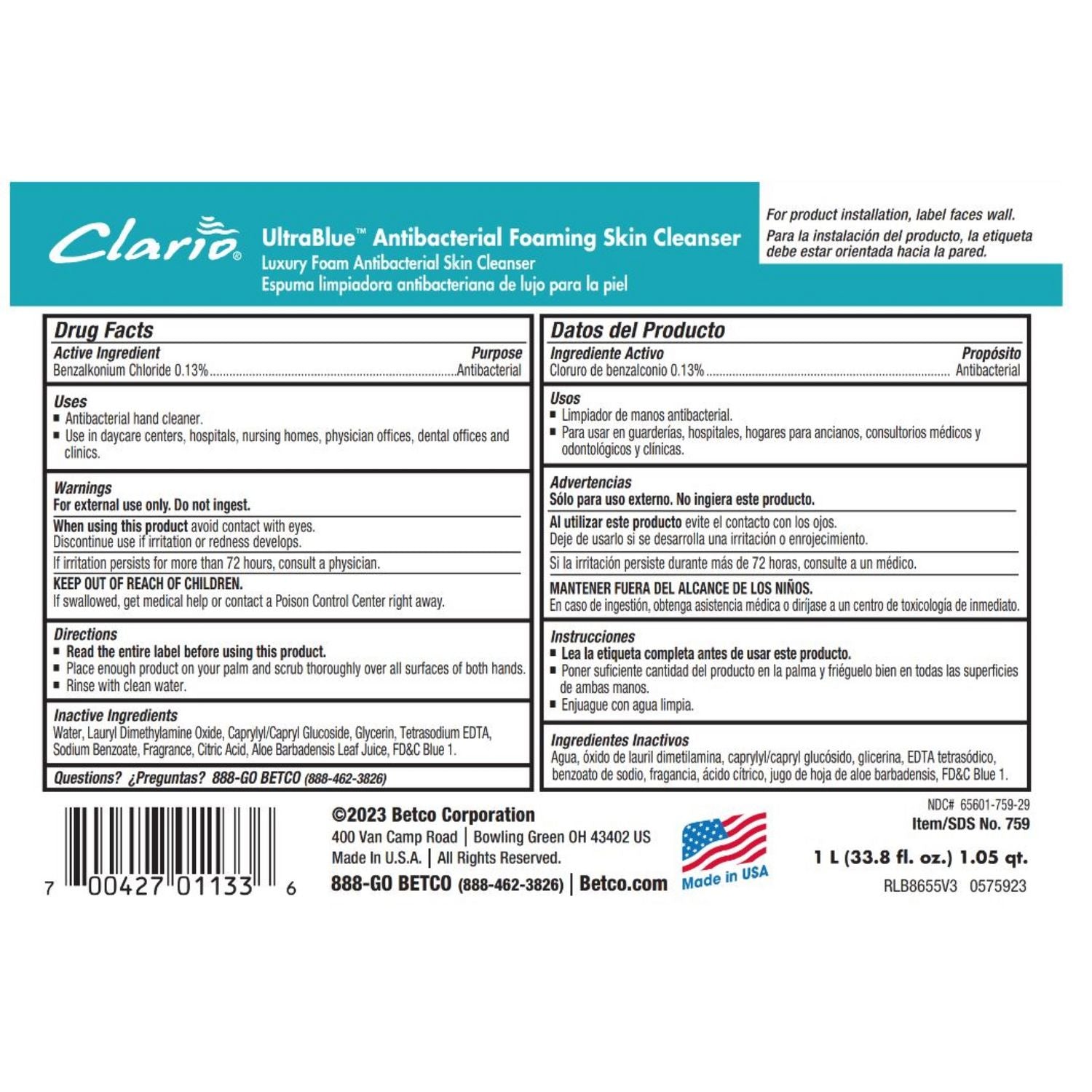 ultrablue-antibacterial-foaming-skin-cleanser-fragrance-free-1000-ml-refill-bag-6-carton_bet7592900 - 2