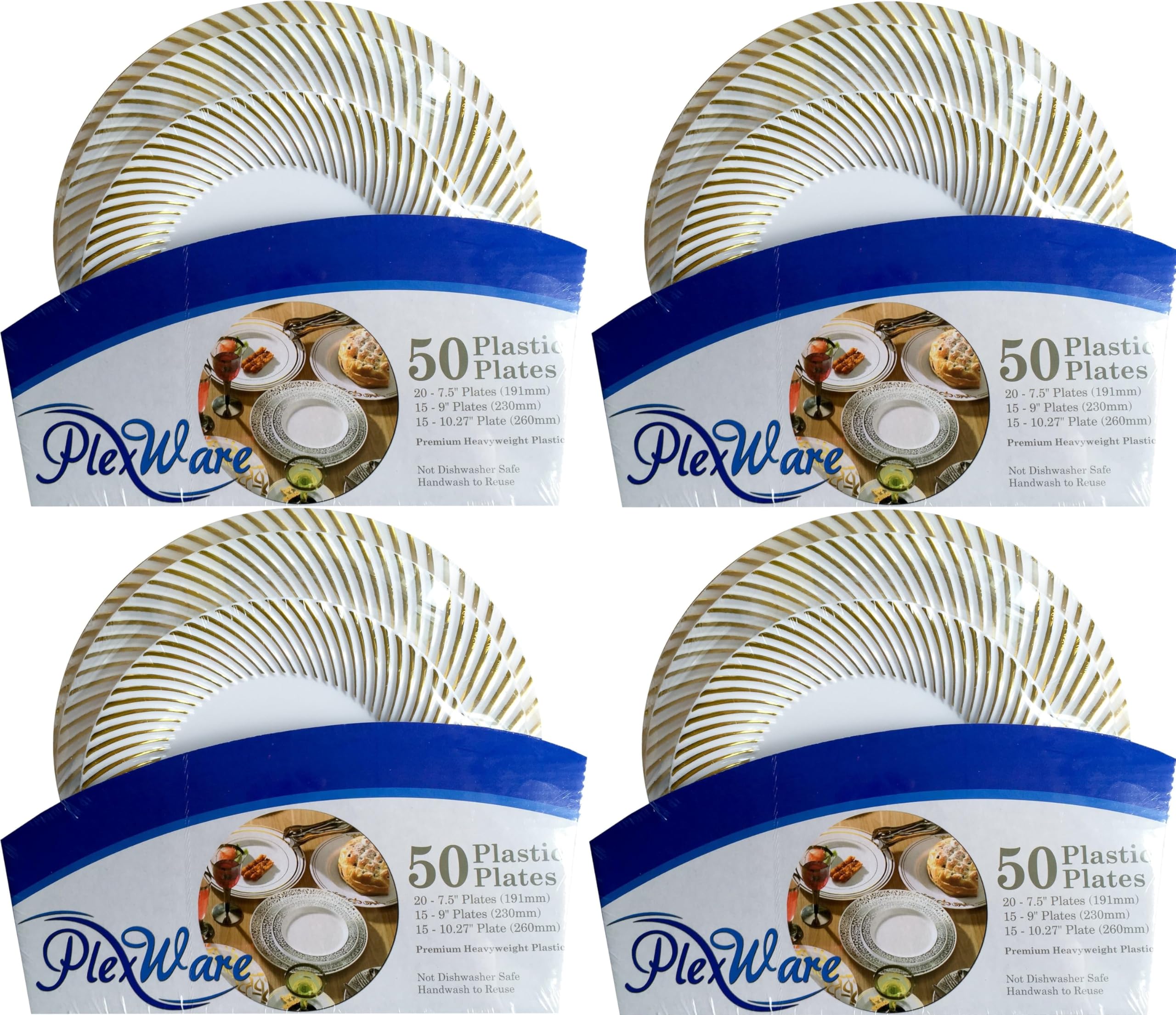 50-piece Set Round White Plates with Golden Swirl Rim, 20 Pieces 7.5", 15 Pieces 9", 15 Pieces 10.25", 4/Case