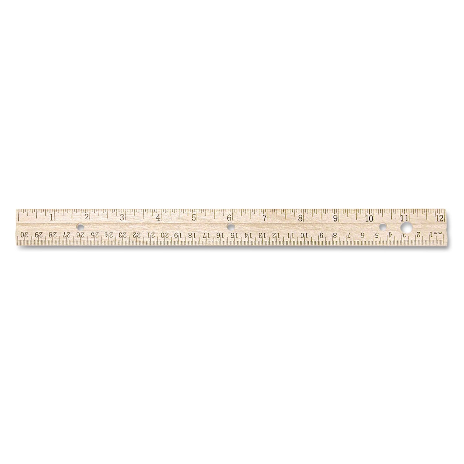 Three-Hole Punched Wood Ruler English and Metric With Metal Edge, 12" Long -