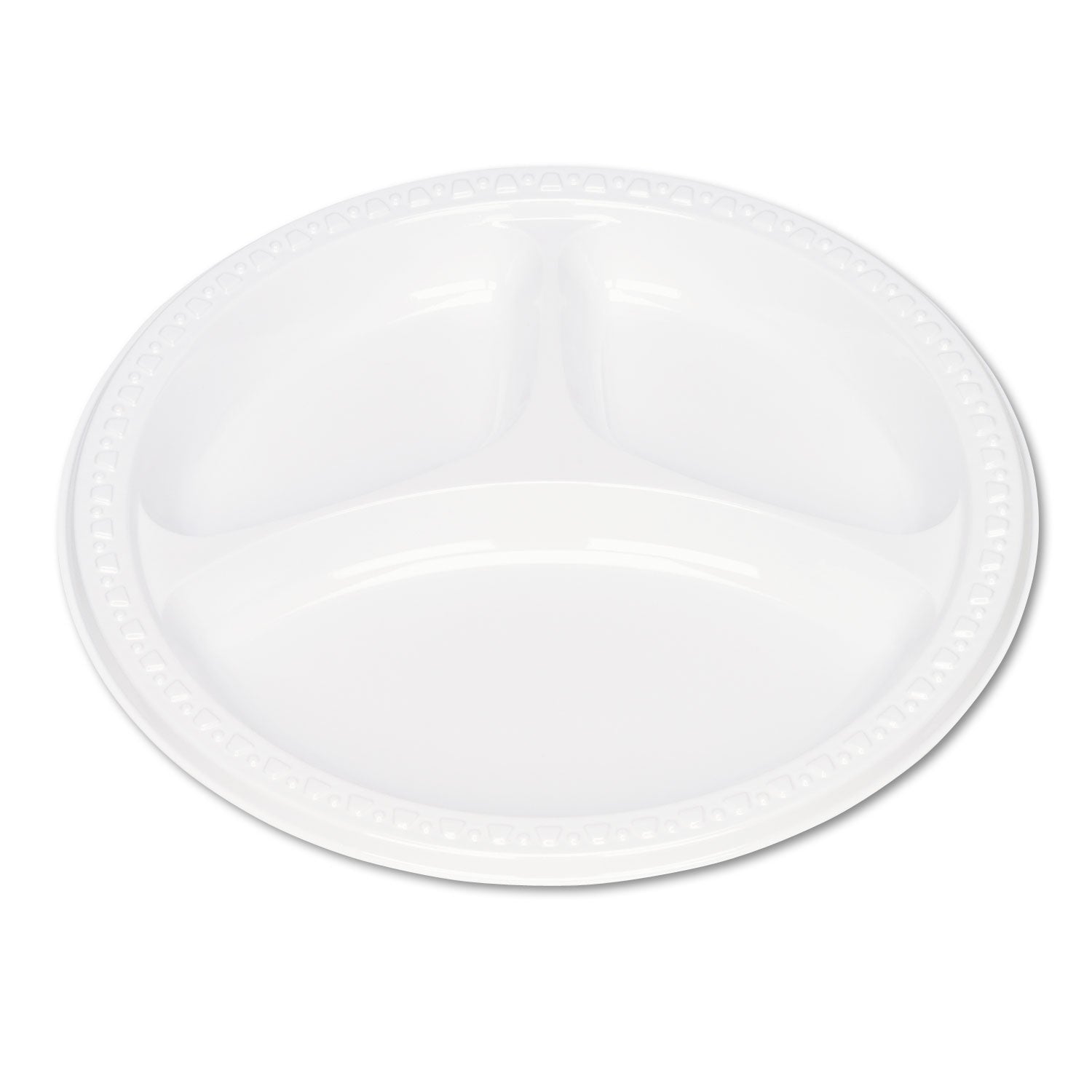 Plastic Dinnerware, Compartment Plates, 9" dia, White, 125/Pack -