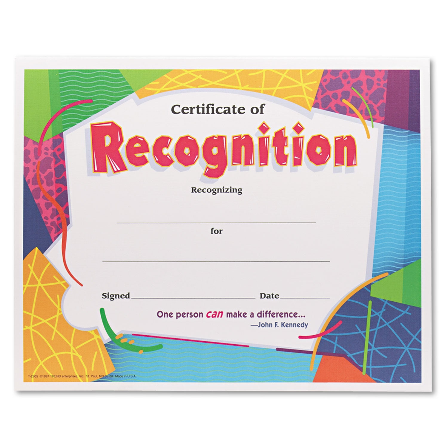 Certificate of Recognition Awards, 11 x 8.5, Horizontal Orientation, Assorted Colors with White Border, 30/Pack -
