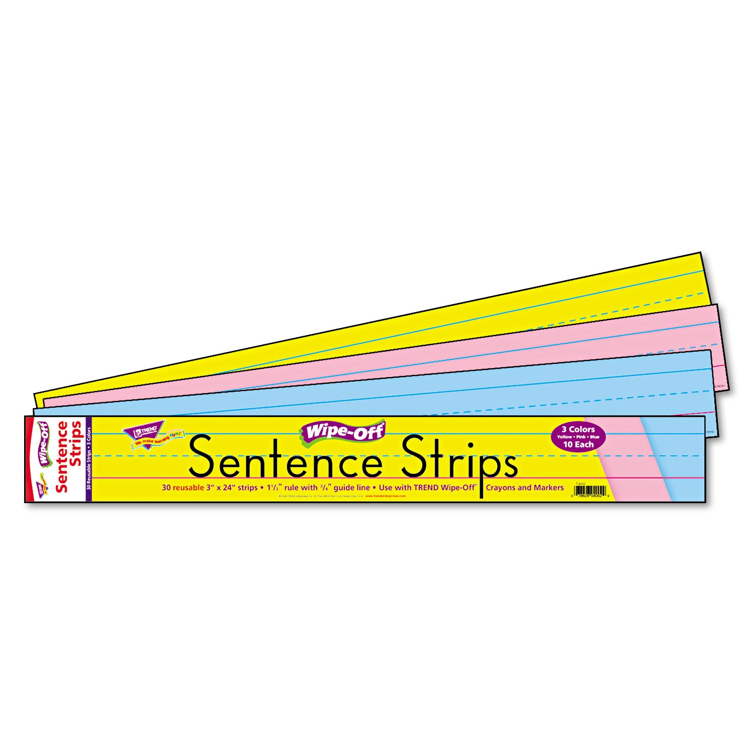 Wipe-Off Sentence Strips, 24 x 3, Blue; Pink; Yellow, 30/Pack -
