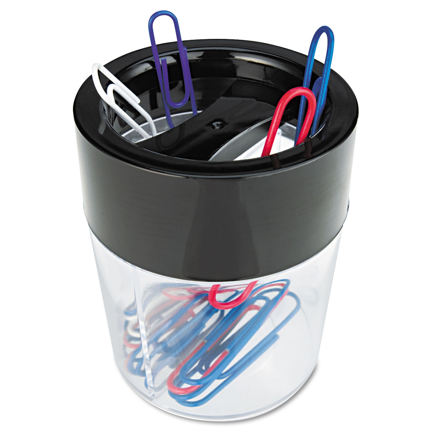 Round Magnetic Clip Dispenser, 2 Compartments, Plastic, 2.5" Diameter x 3"h, Black/Clear -