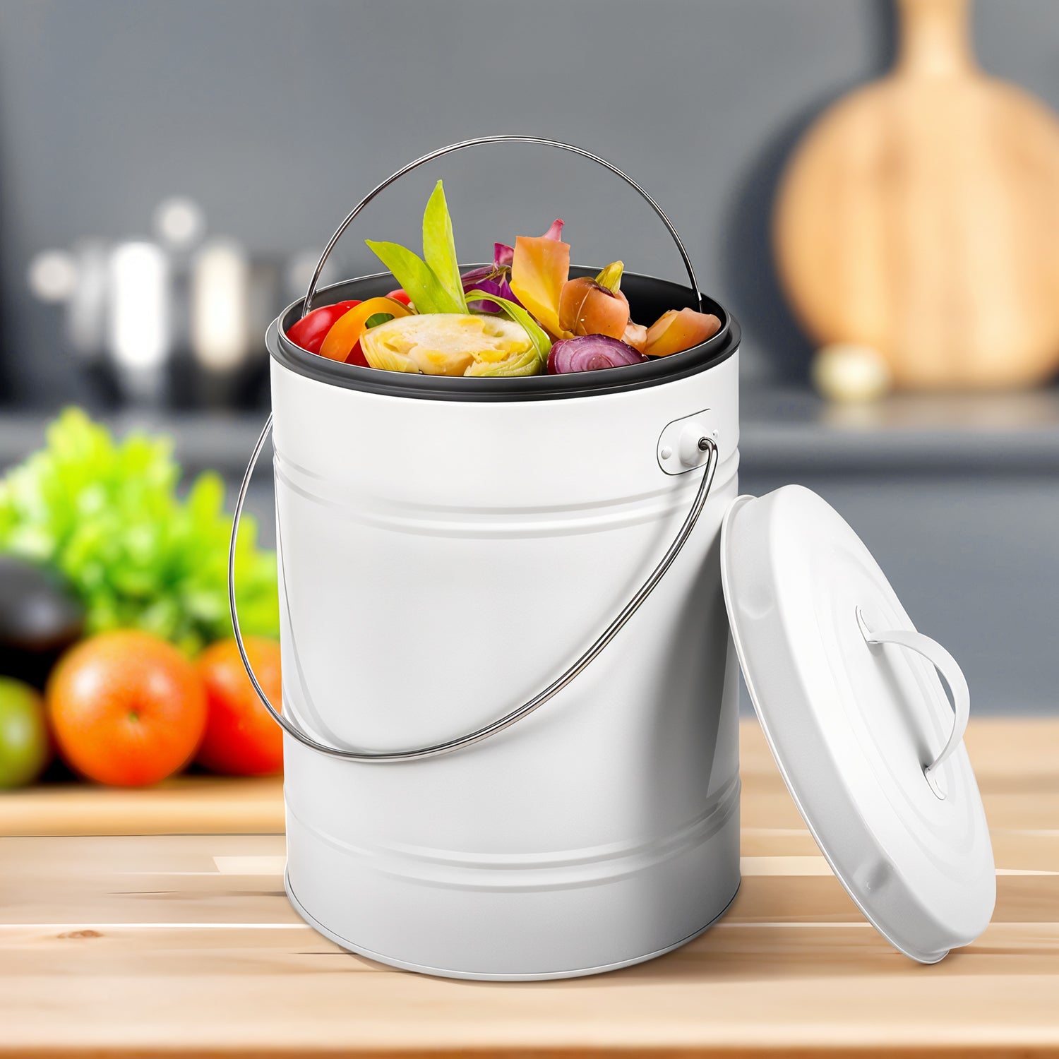 White Metal Compost Bucket with Airflow Lid