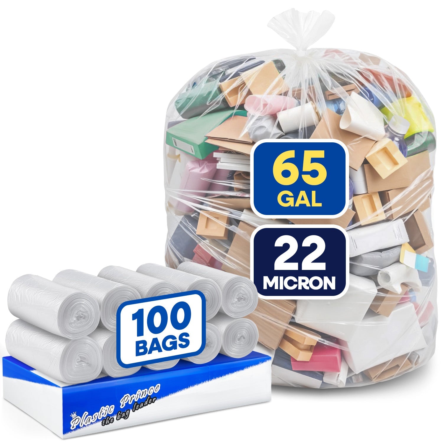 48in x 60in, 65 Gallon, 22 Mic, Clear High-Density Can Liners, 100/Case