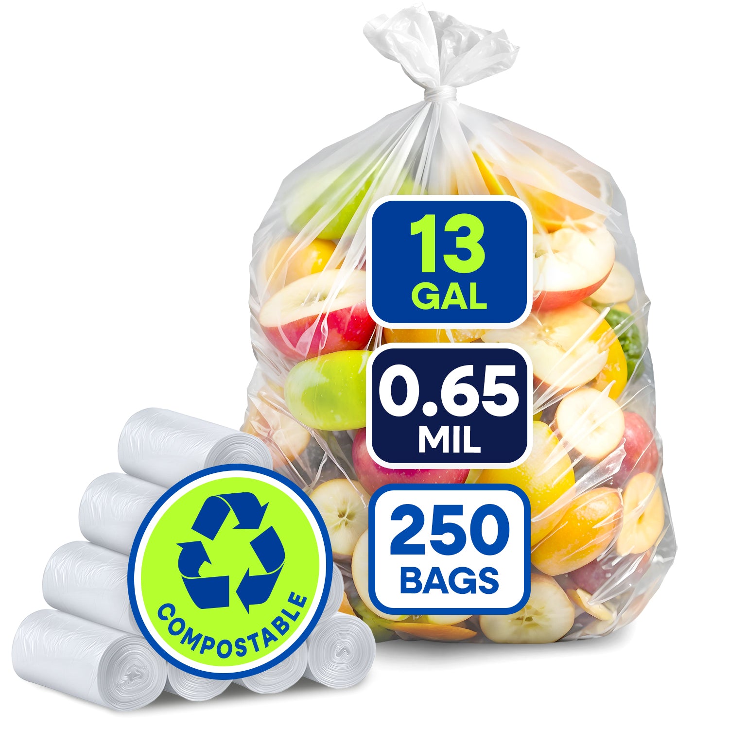 22" x 29", 13 Gallon, 0.65 Mic, Clear Compostable Can Liner, 10 Rolls of 25/Roll, 250/Case
