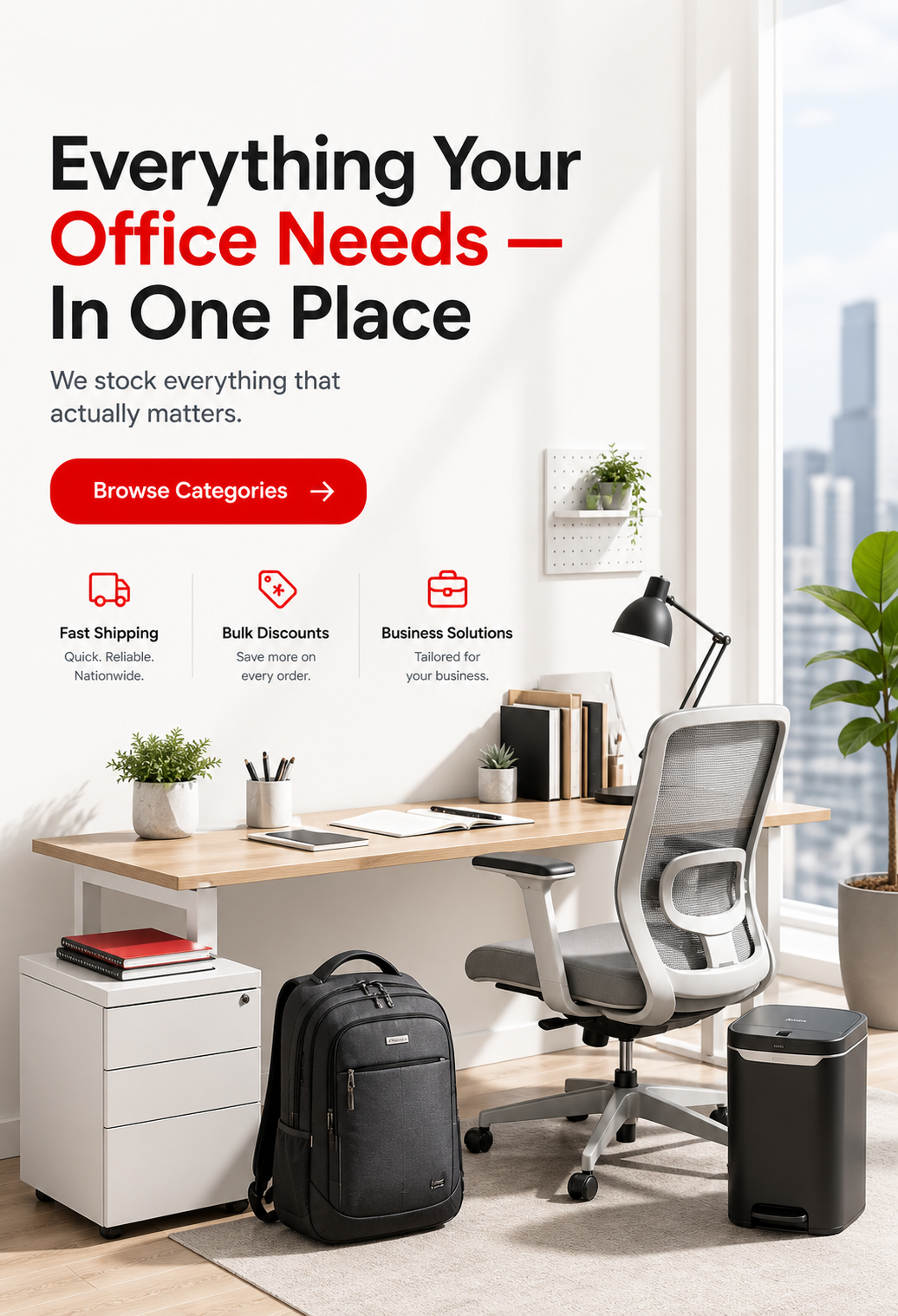 Office setup with desk, chair, and office supplies in a bright room.
