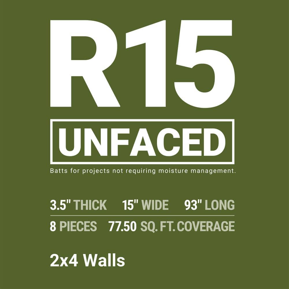 R-15 Unfaced Fiberglass Insulation Batt 15 in. x 93 in. (1 Bag)