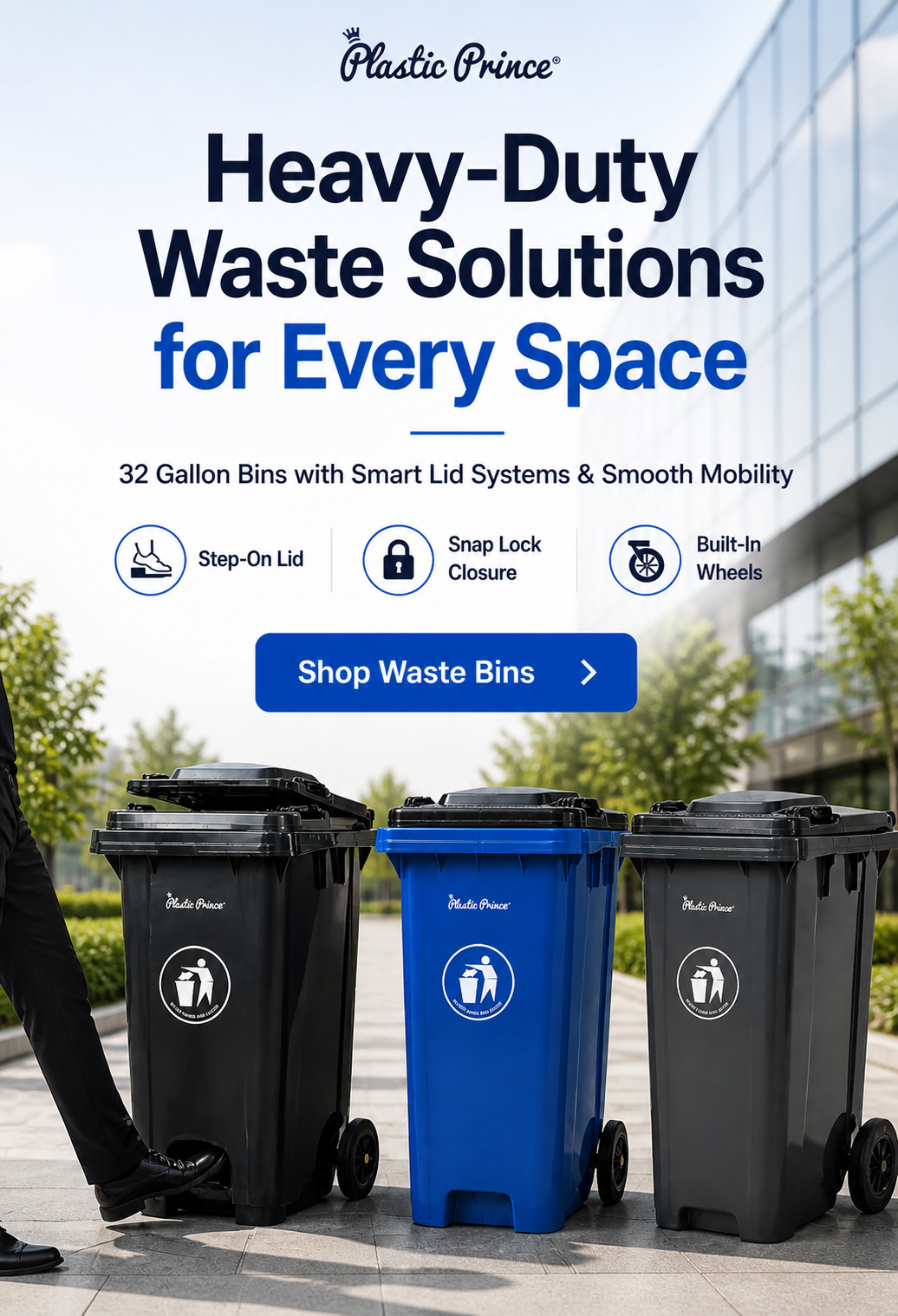 Plastic Prince heavy-duty 32-gallon waste bins with step-on lid, snap lock closure and built-in wheels — black, blue and grey colors displayed outdoors