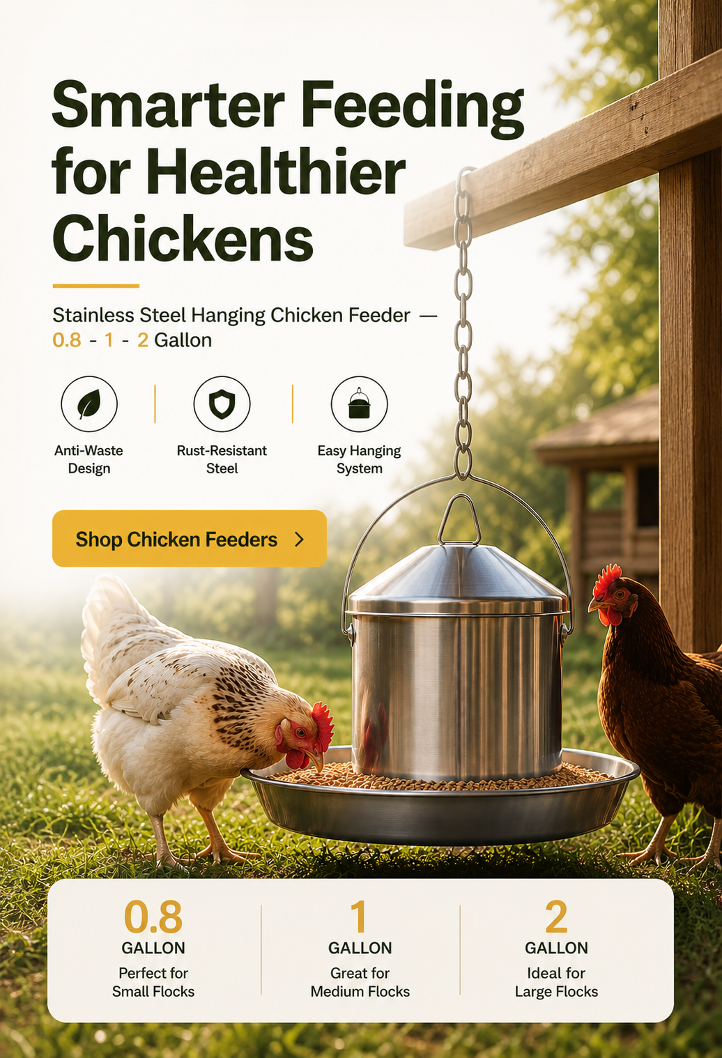 Hanging stainless steel chicken feeder 0.8 1 and 2 gallon sizes for small medium and large flocks in outdoor farm setting
