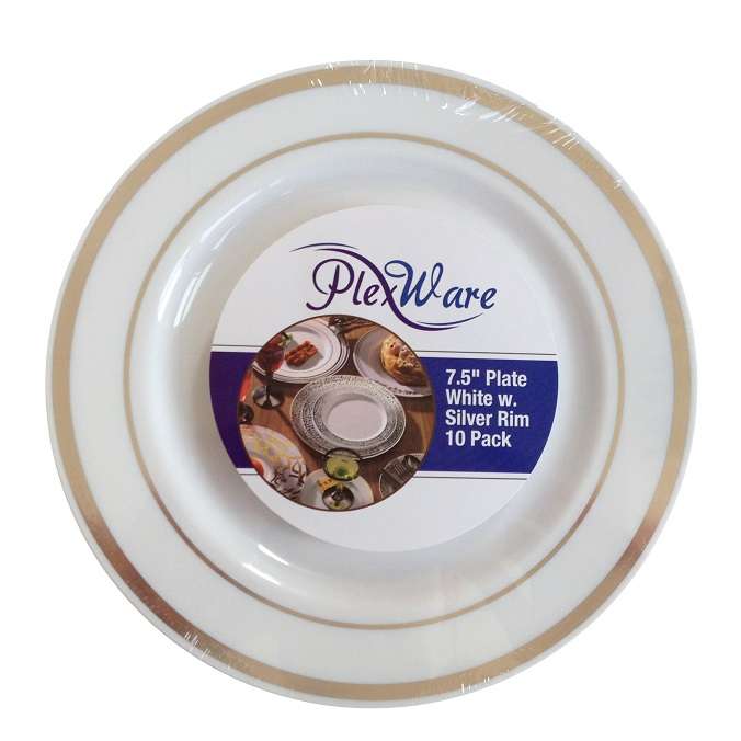 7.5" Round White Plates with Silver Rim, 10/Pack, 12/Case - 1