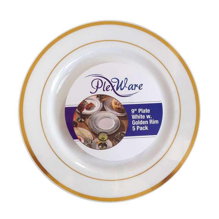 9" Round White Plates with Golden Rim, 5/Pack, 24/Case - 1