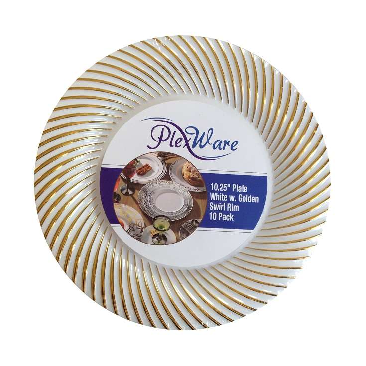 10.25" Round White Plates with Golden Swirl Rim, 10/Pack, 12/Case - 1