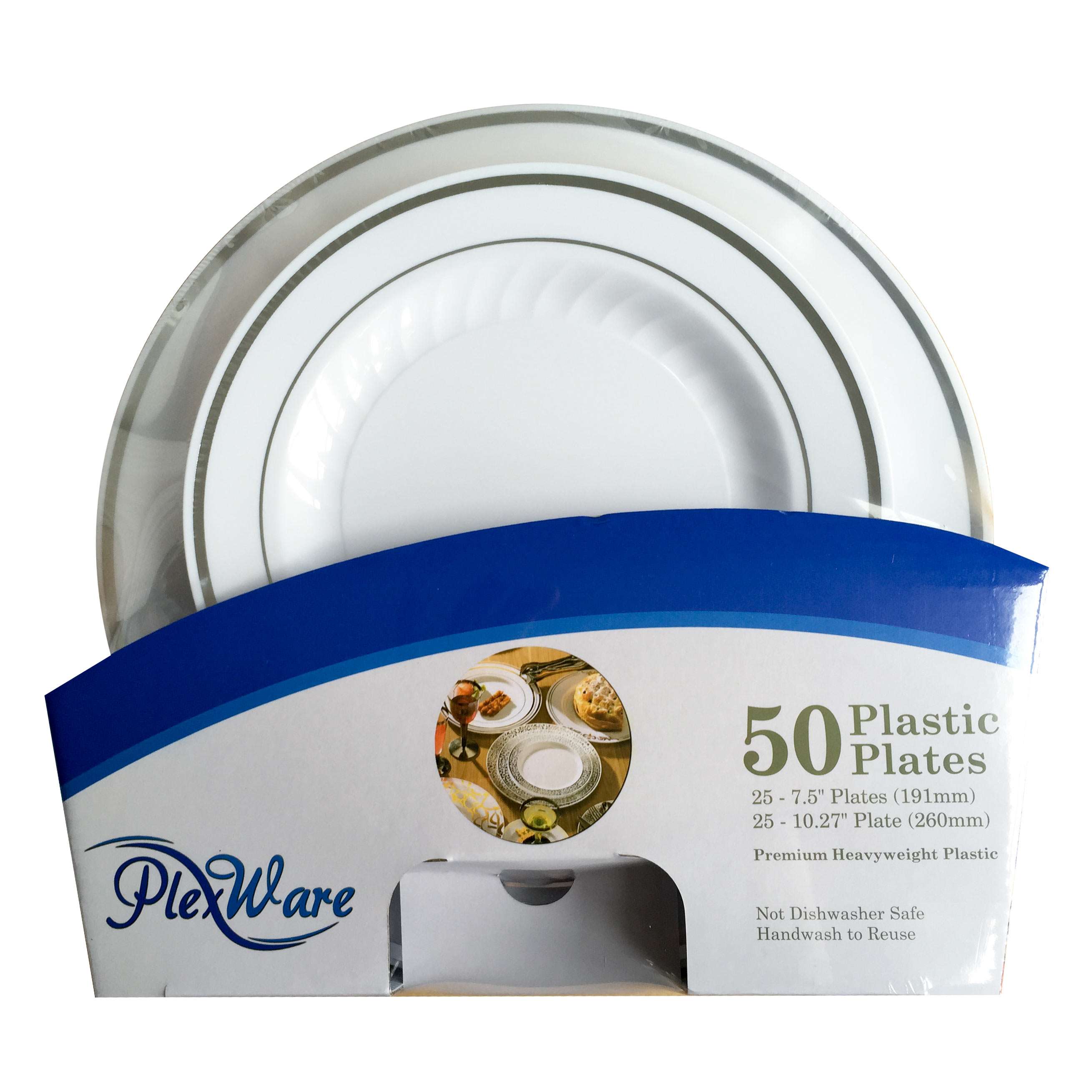 50-piece Set Round White Plates with Silver Rim, 25 Piece 7.5" + 25 Piece 10.25" Display Box, 4/Case - 1