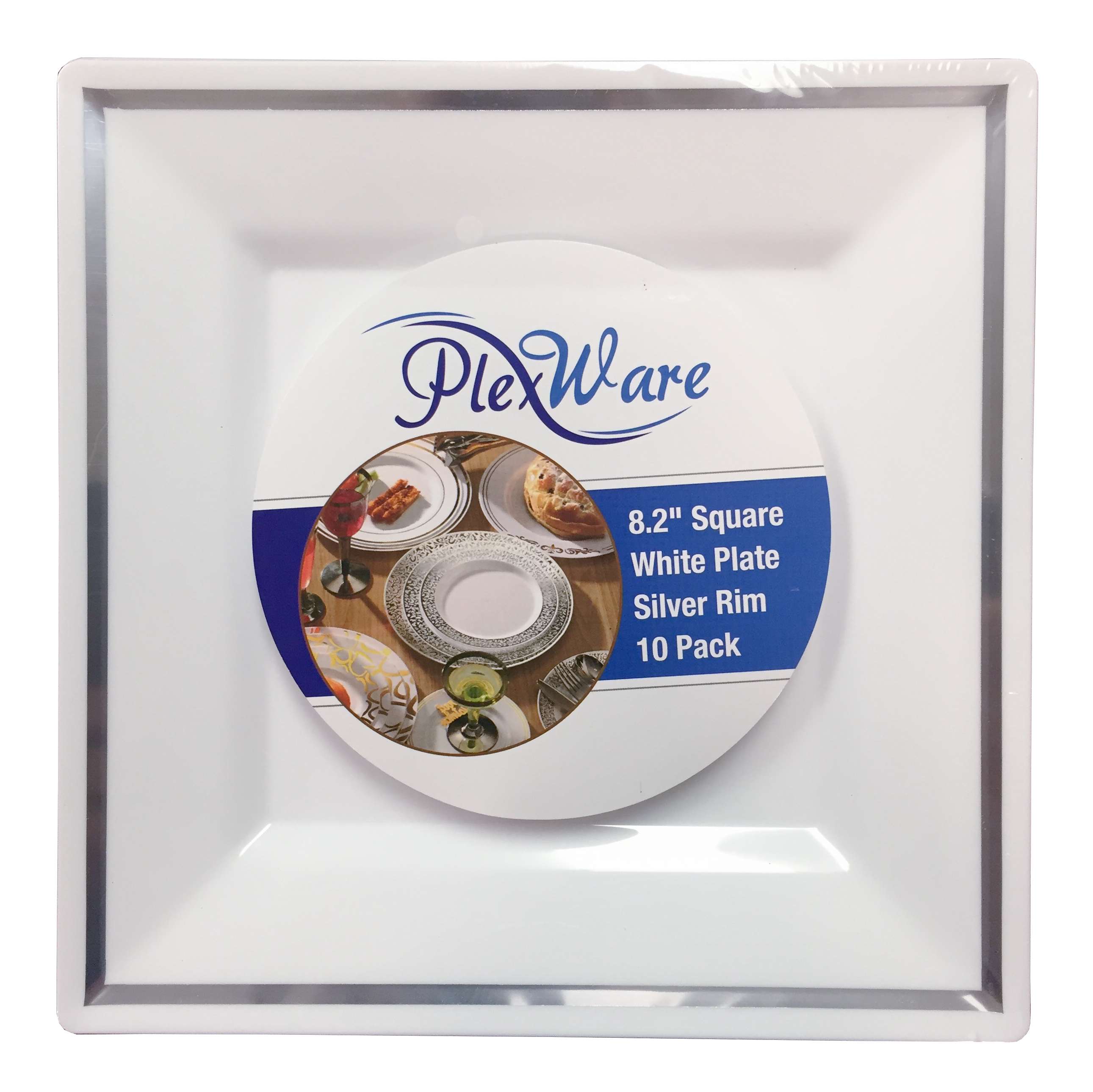 8.2" Square White Plate with Silver Rim, 10/Pack, 12/Case - 1
