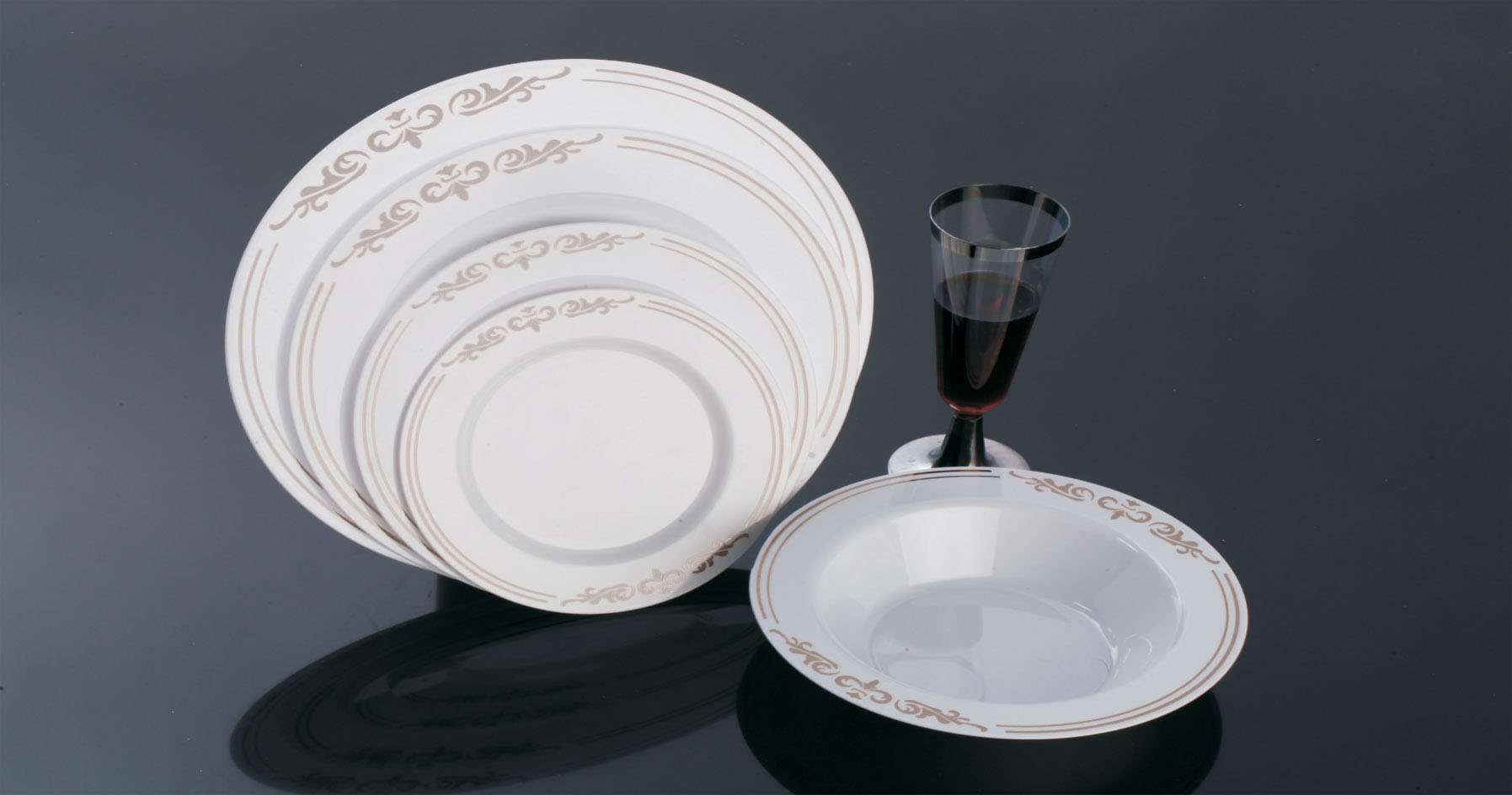 10.25" Round White Plate with Silver Ornament, 10/Pack, 12/Case - 1