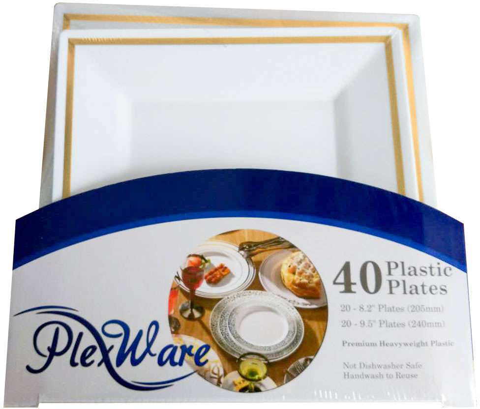 40-piece Set Square White Plates with Golden Rim, 20 Pieces 8.2" & 20 Pieces 9.5", 4/Case - 1