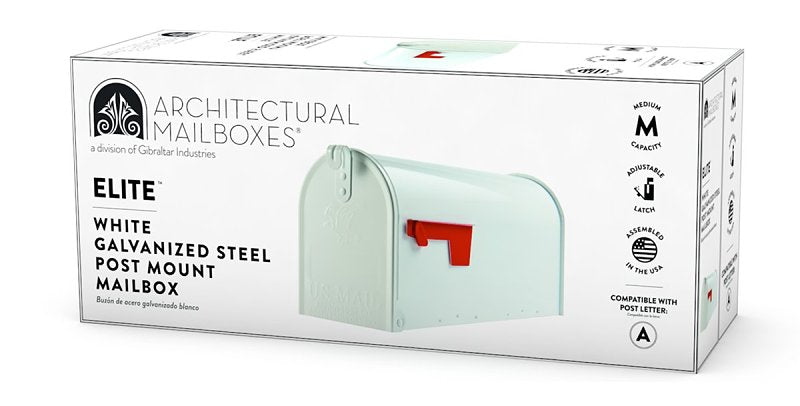Plexon Mailboxes Classic Post Mount Mailbox - 20" L x 8.9" H x 6-7/8" W, Galvanized Steel, White, Rust-Resistant Powder Coated Finish