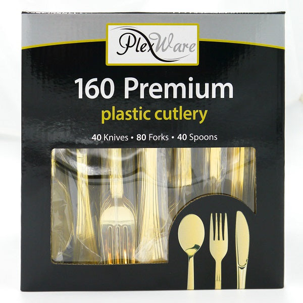 160-piece Premium Plastic Gold Cutlery Set, 40 Knives, 80 Forks, 40 Spoons, 12/Case