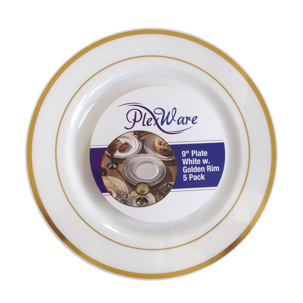 10.25" Round White Plates with Golden Rim, 10/Pack, 12/Case