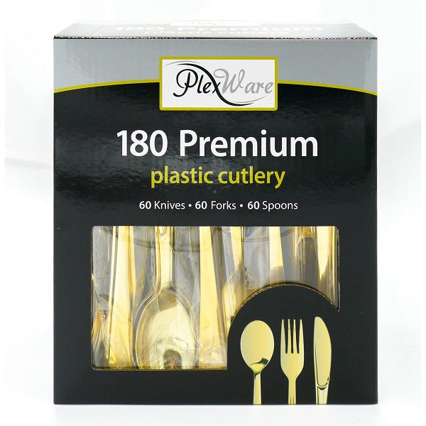 180-piece Premium Plastic Gold Cutlery Set, 60 Knives, 60 Forks, 60 Spoons, 12/Case