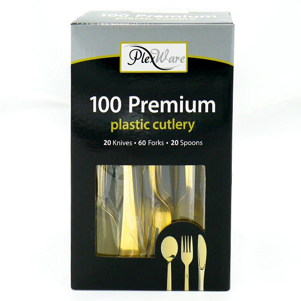 100-piece Premium Plastic Gold Cutlery Set, 60 Forks, 20 Knives, 20 Spoons, 12/Case