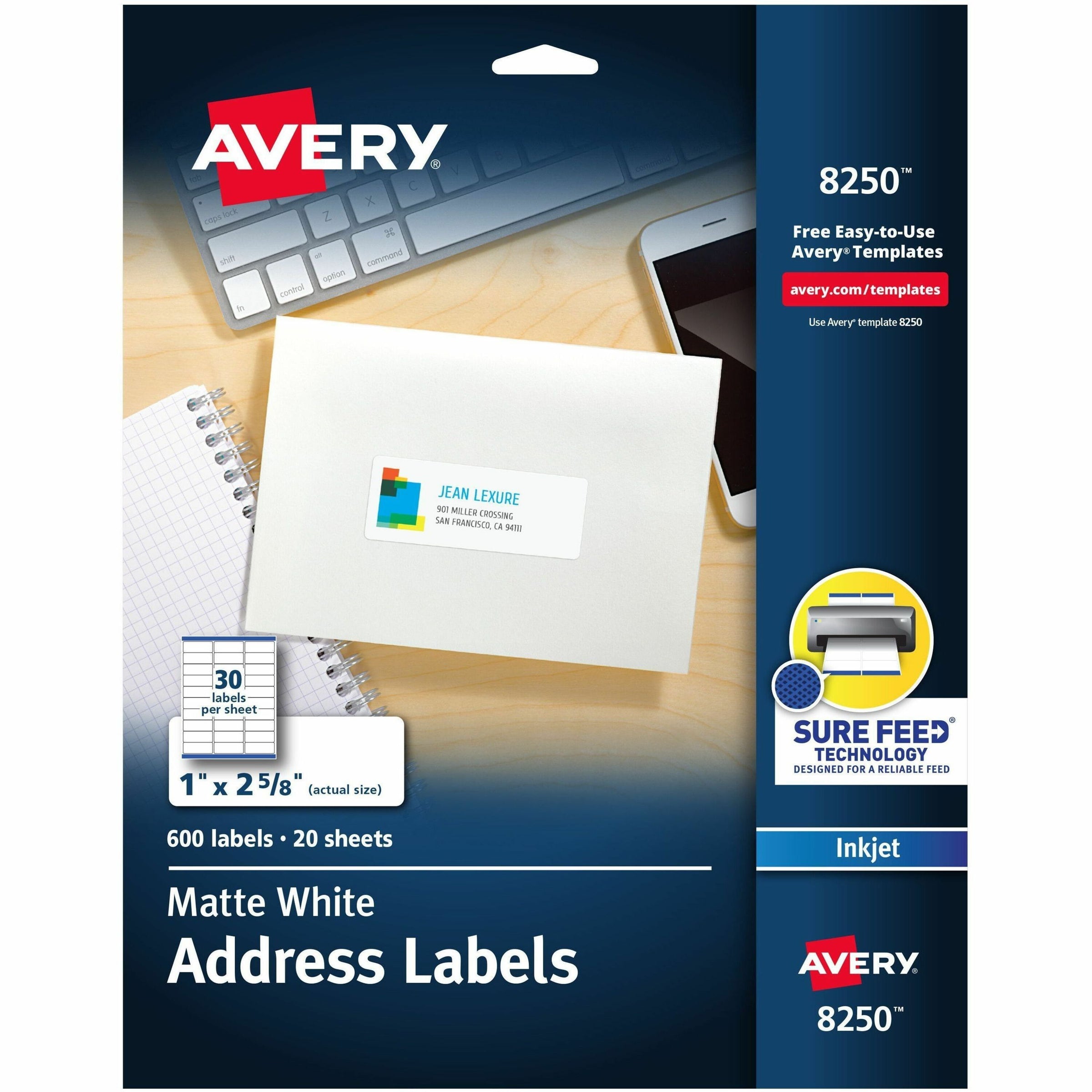 Vibrant Inkjet Color-Print Labels w/ Sure Feed, 1 x 2.63, Matte White, 600/PK
