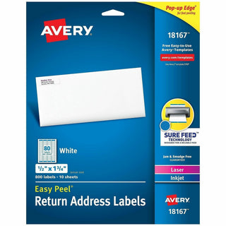 Avery Laser & Inkjet Return Address Labels - Permanent Adhesive - Rectangle - Laser, Inkjet - White - Paper - 80 / Sheet - 10 Total Sheets - 800 Total Label(s) - 5