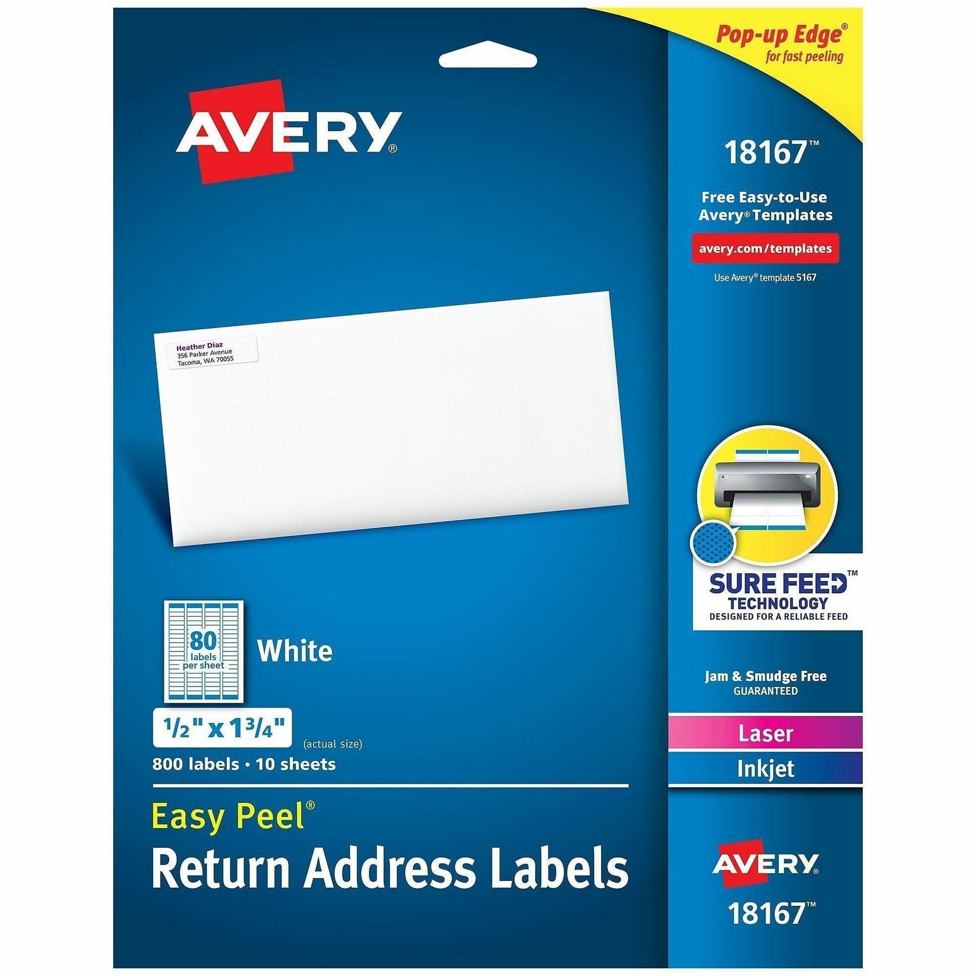 Avery Laser & Inkjet Return Address Labels - Permanent Adhesive - Rectangle - Laser, Inkjet - White - Paper - 80 / Sheet - 10 Total Sheets - 800 Total Label(s) - 5