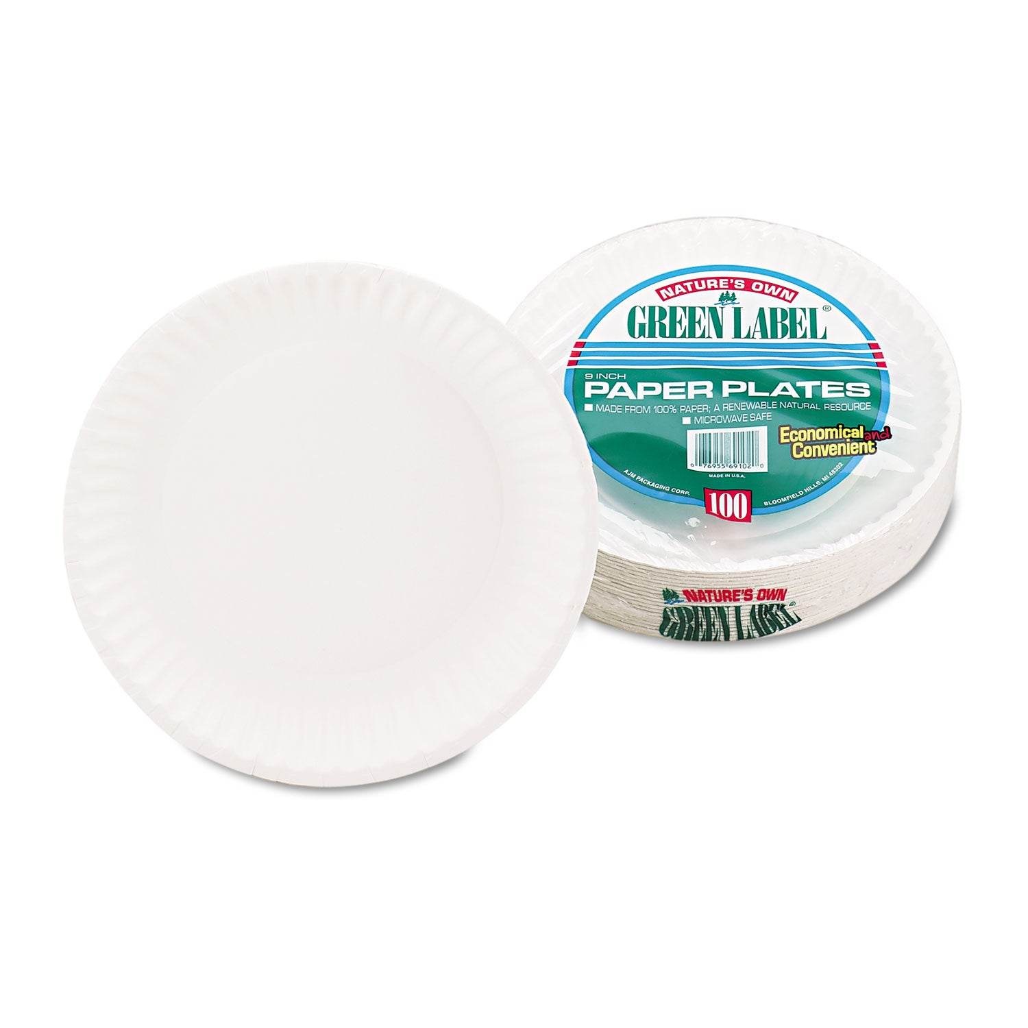 White Paper Plates, 9" dia, 100/Pack - 