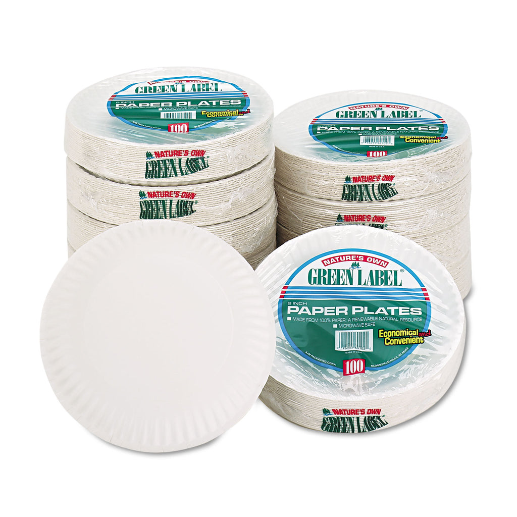 White Paper Plates, 9" dia, 100/Pack, 10 Packs/Carton