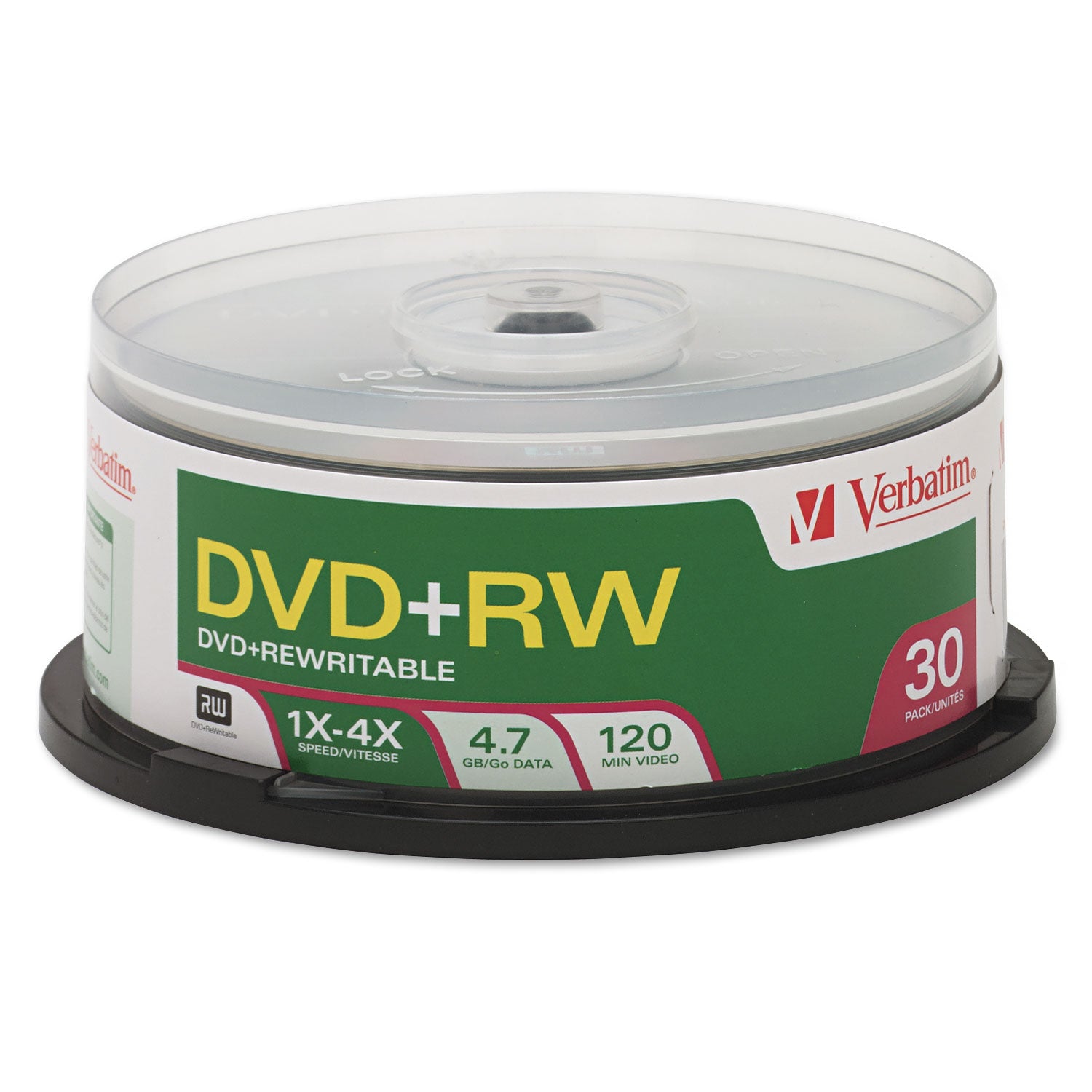 DVD+RW Rewritable Disc, 4.7 GB, 4x, Spindle, Silver, 30/Pack - 