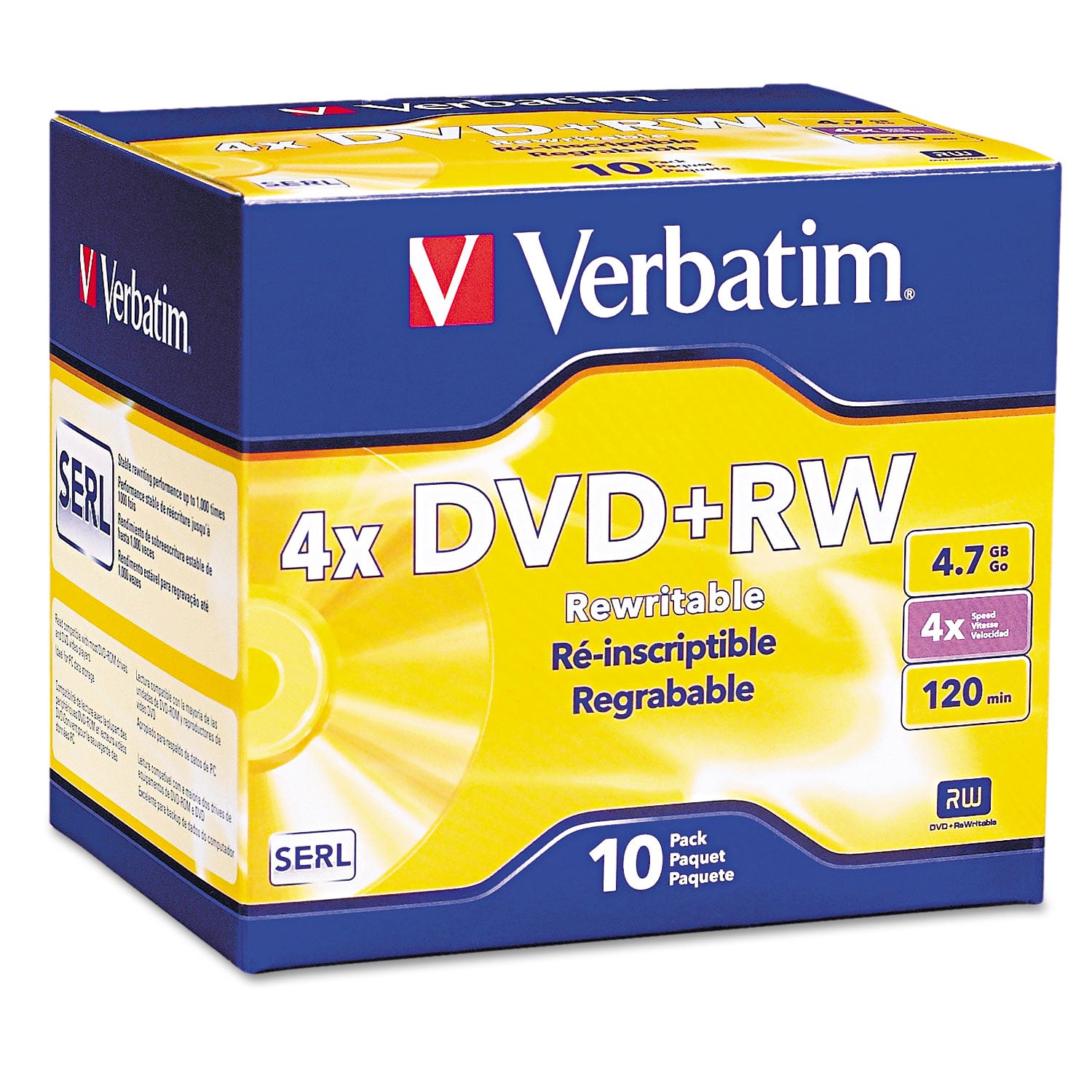 DVD+RW Rewritable Disc, 4.7 GB, 4x, Slim Jewel Case, Silver, 10/Pack - 