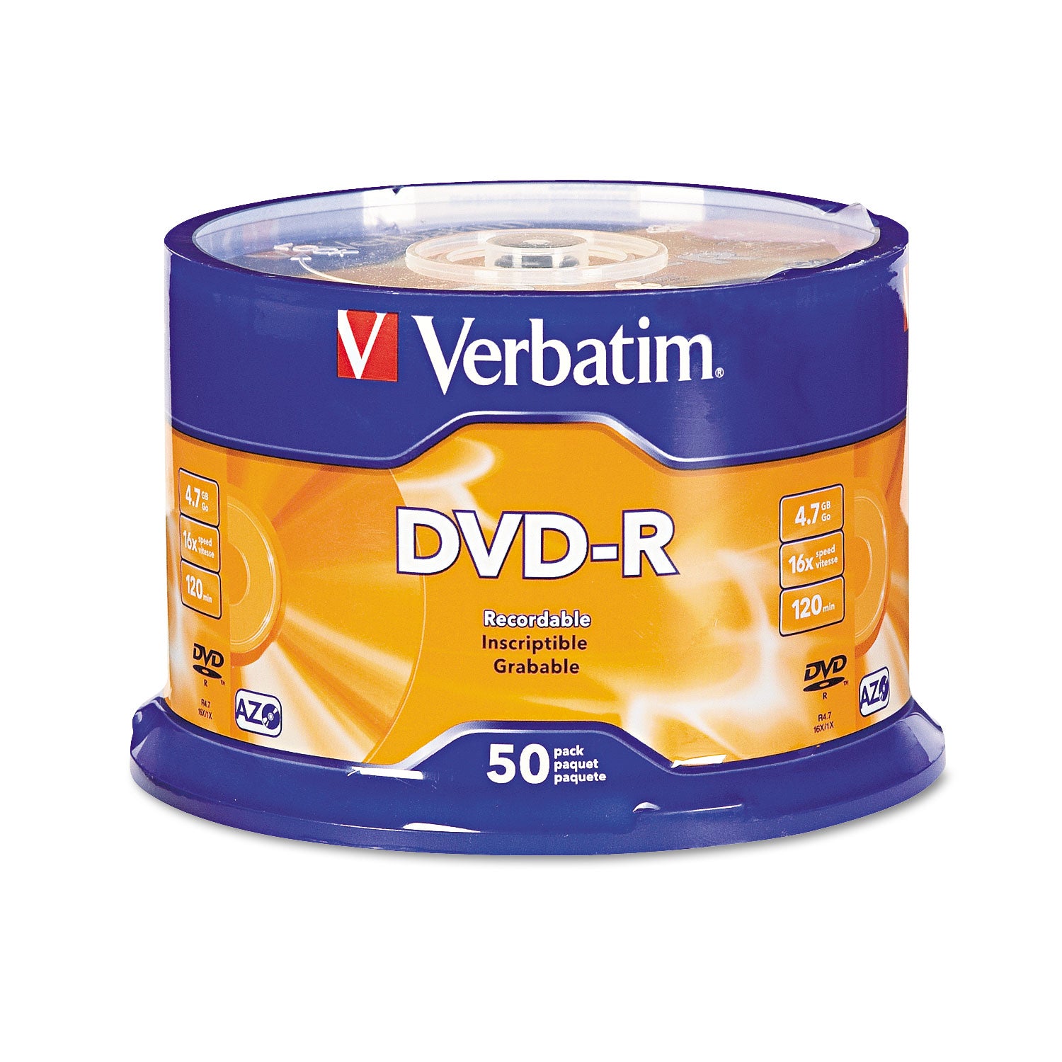 DVD-R Recordable Disc, 4.7 GB, 16x, Spindle, Silver, 50/Pack - 