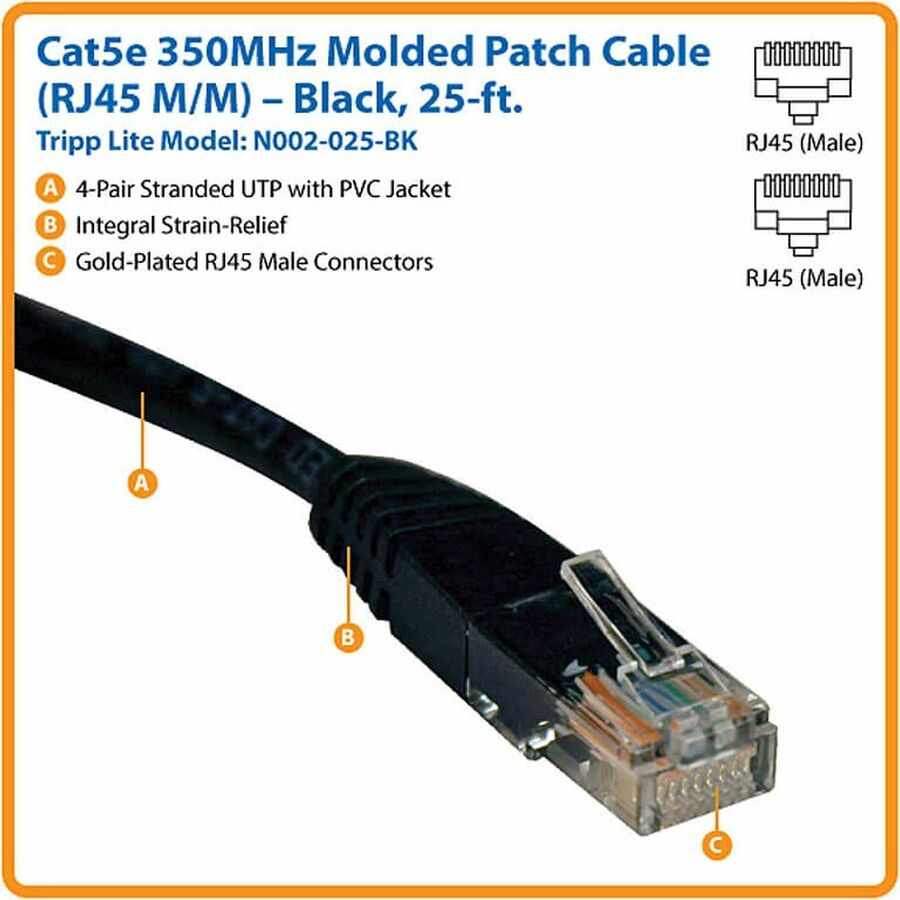 CAT5e 350 MHz Molded Patch Cable, 25 ft, Black