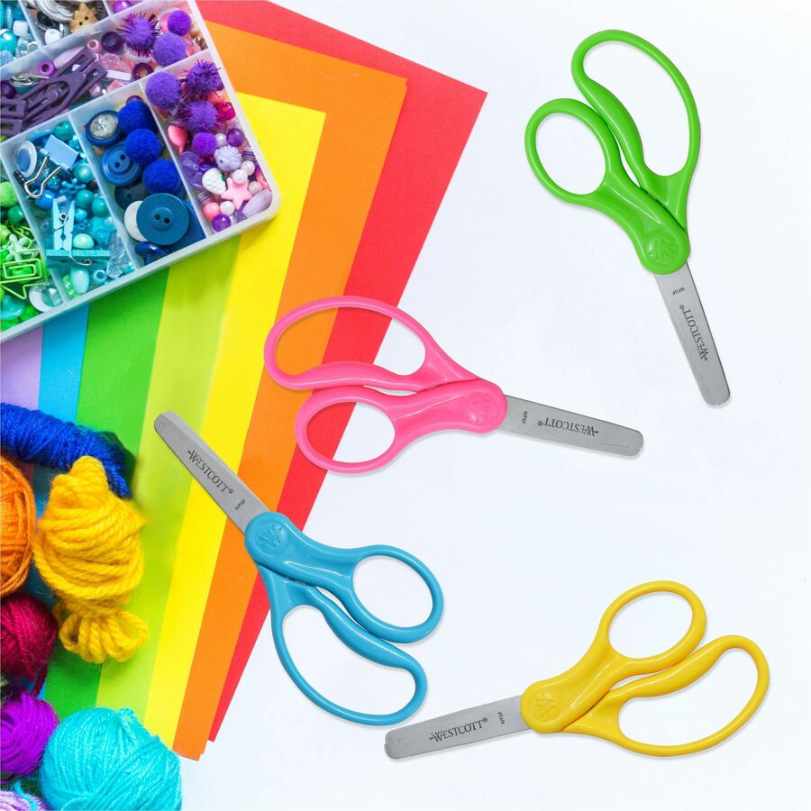 For Kids Scissors, Blunt Tip, 5" Long, 1.75" Cut Length, Assorted Straight Handles, 12/Pack