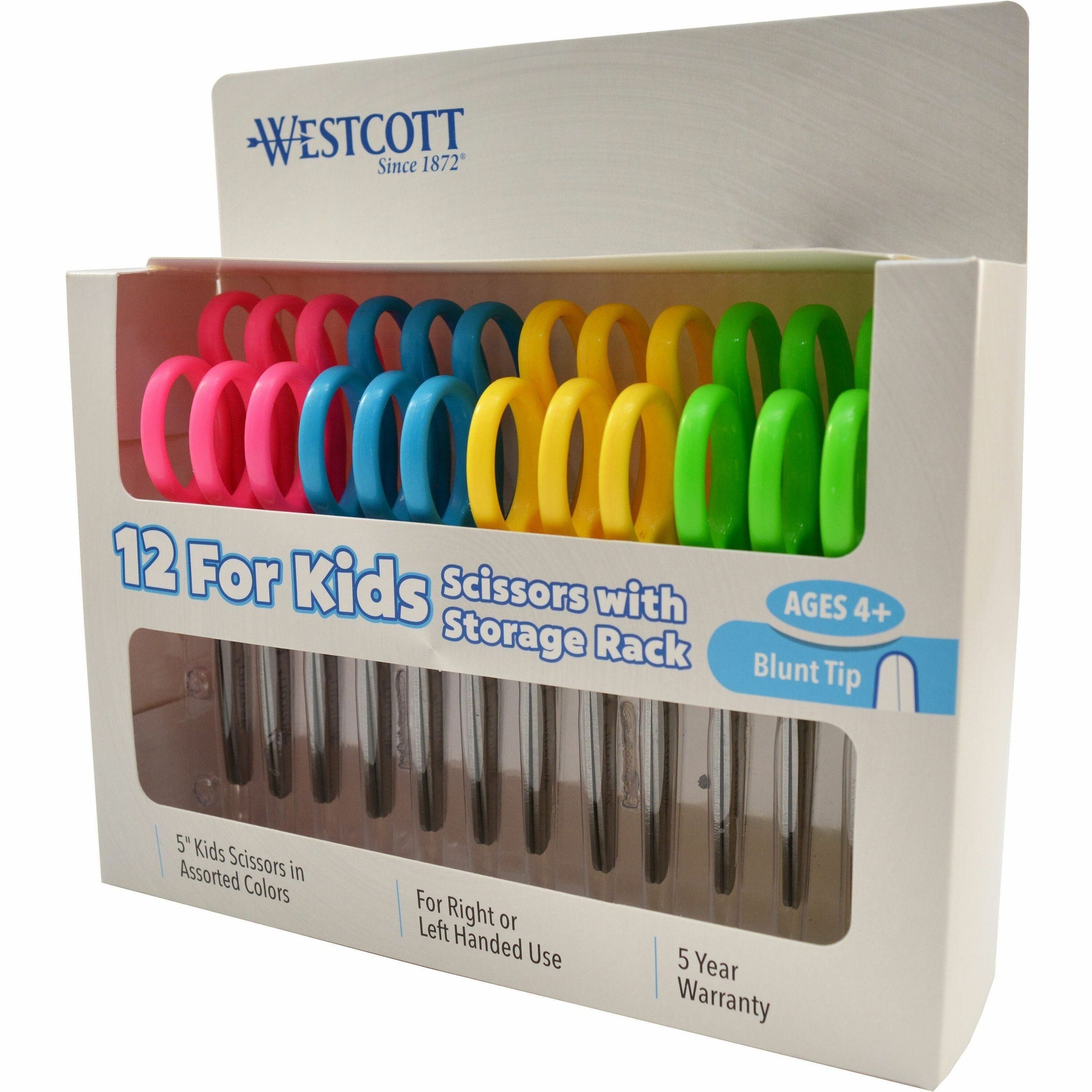 For Kids Scissors, Blunt Tip, 5" Long, 1.75" Cut Length, Assorted Straight Handles, 12/Pack