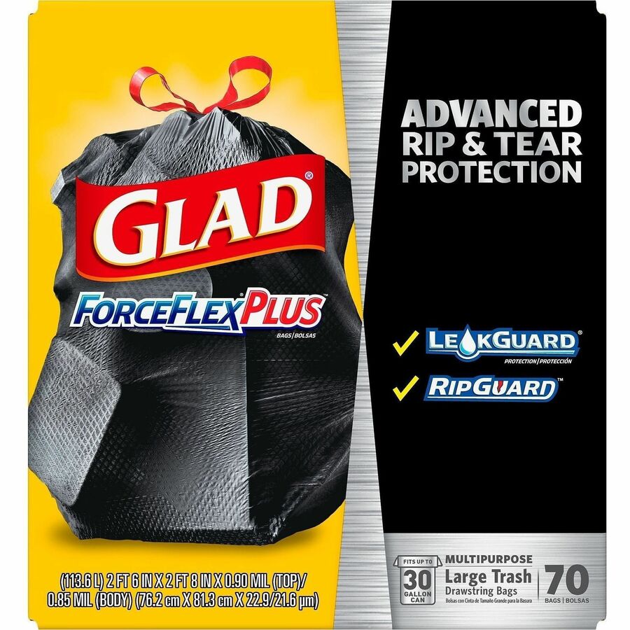 ForceFlexPlus Drawstring Large Trash Bags, 30 gal, 1.05 mil, 30" x 32", Black, 70/Box
