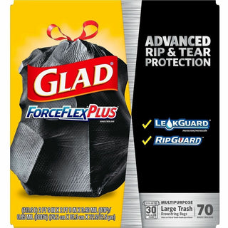 ForceFlexPlus Drawstring Large Trash Bags, 30 gal, 1.05 mil, 30" x 32", Black, 70/Box